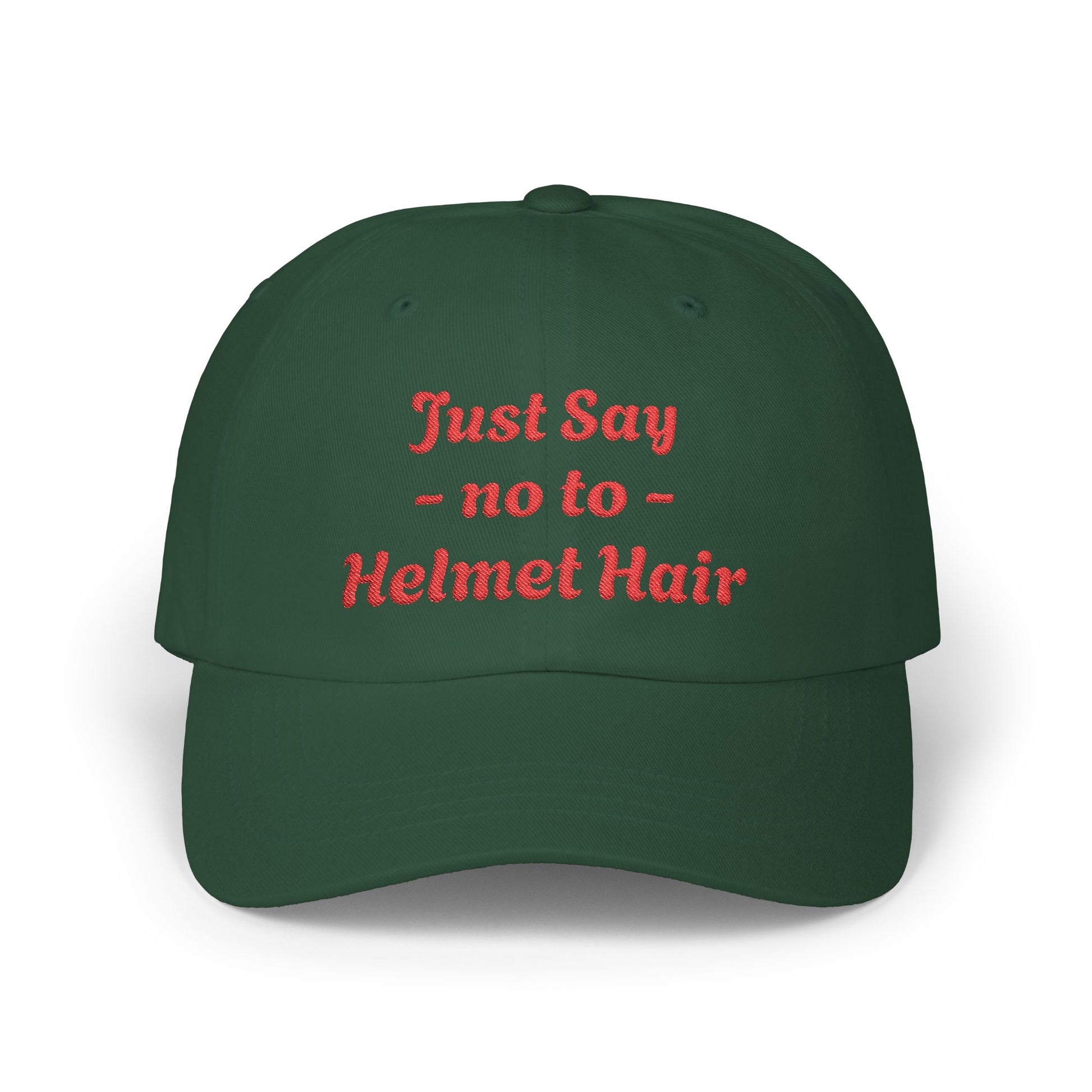 Green cap with red text 'Just Say no to Helmet Hair' on a white background