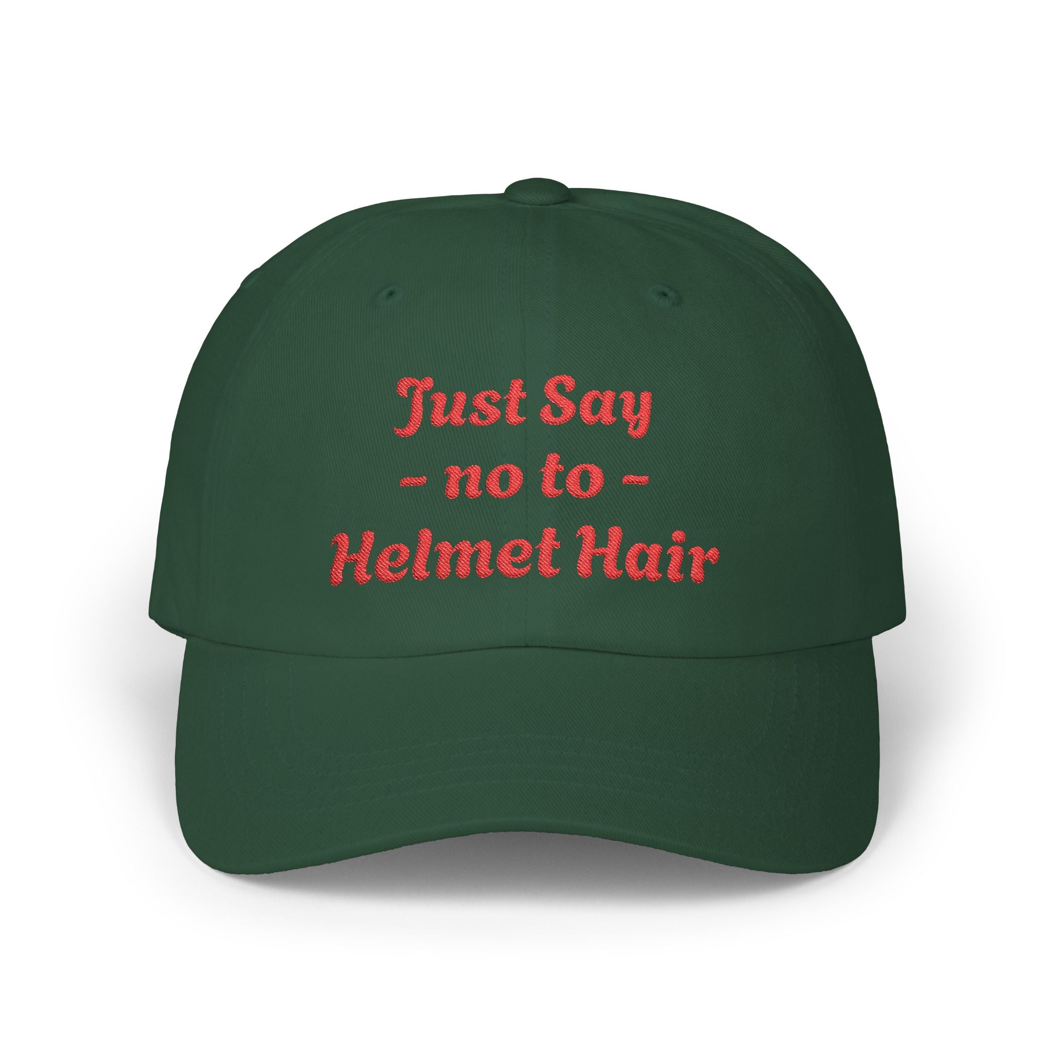 Green cap with red text 'Just Say no to Helmet Hair' on a white background