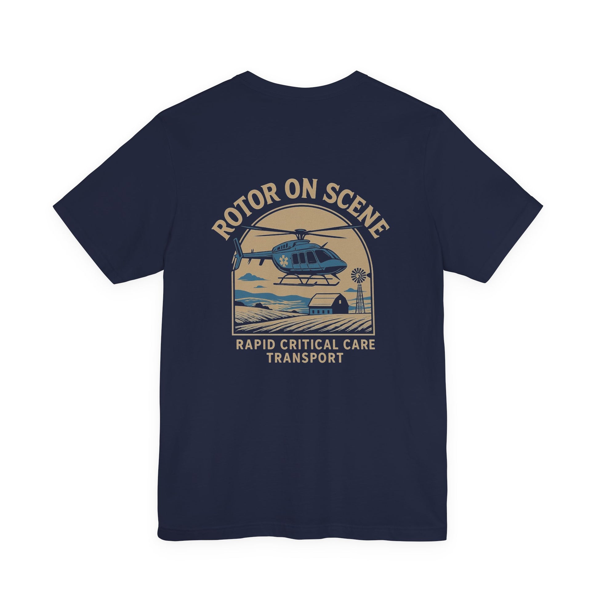 Navy blue t-shirt with helicopter graphic and text "Rotor on scene; Rapid Critical Care Transport" on the back, on a white background