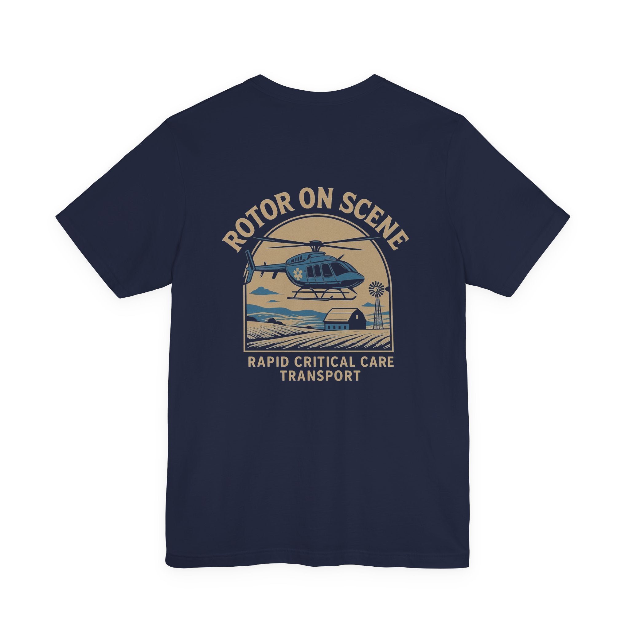 Navy blue t-shirt with helicopter graphic and text "Rotor on scene; Rapid Critical Care Transport" on the back, on a white background
