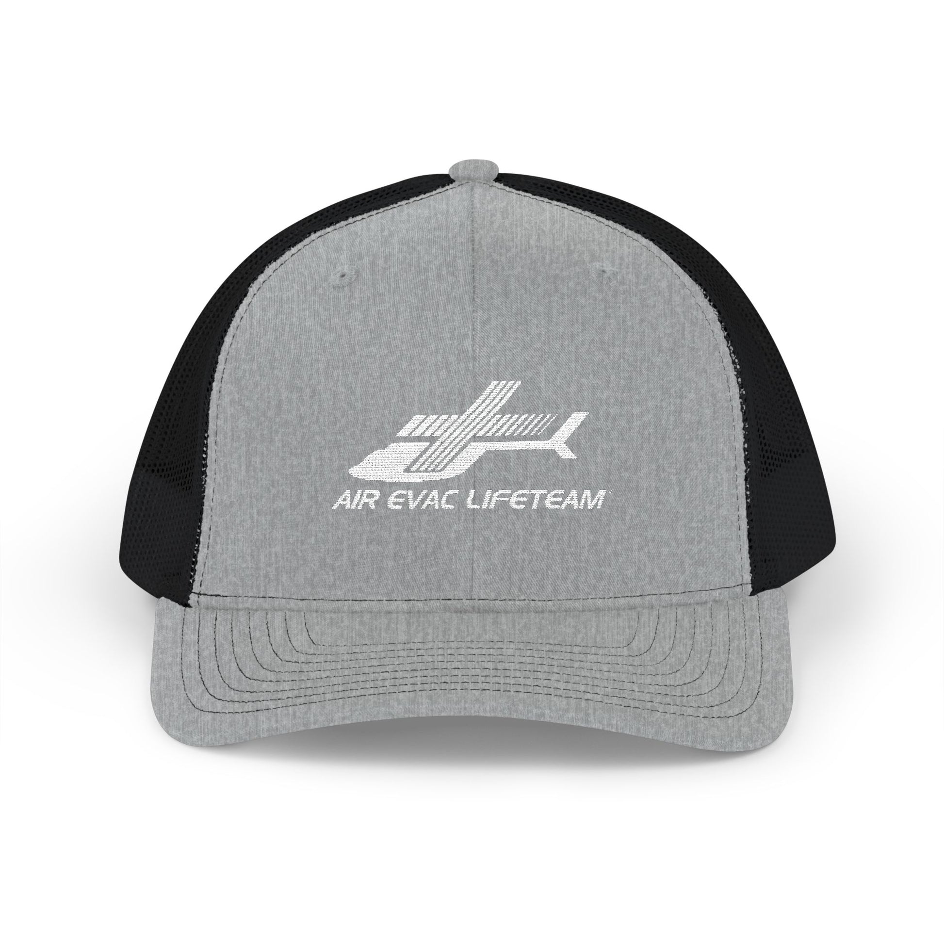 Gray and black Richardson 112 trucker hat with 'Air Evac Lifeteam' logo by Rotor Wash & Wear