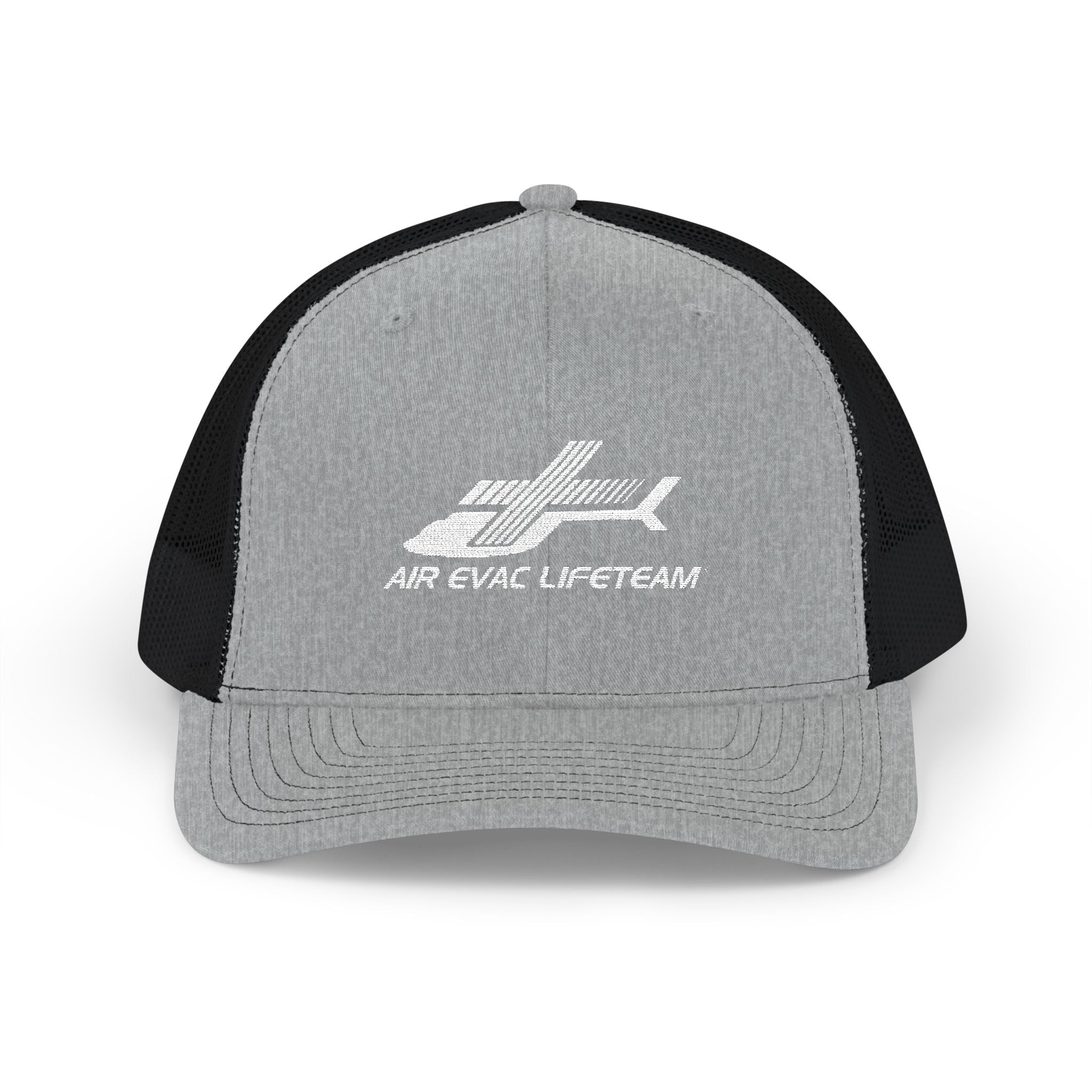 Gray and black Richardson 112 trucker hat with 'Air Evac Lifeteam' logo by Rotor Wash & Wear