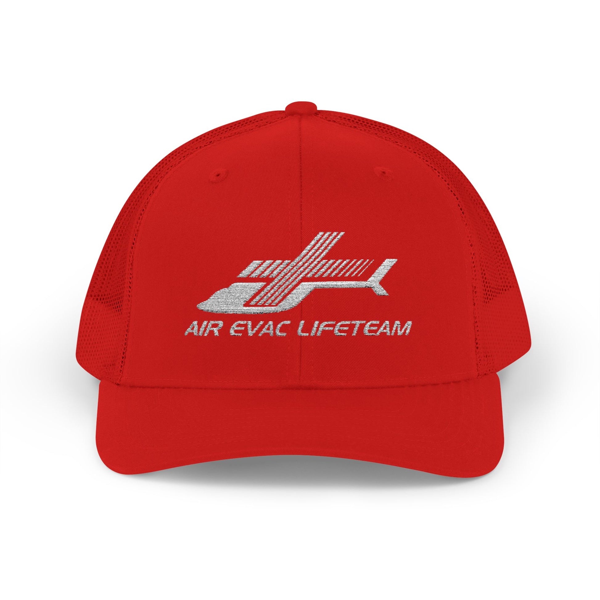 Red cap with 'Air Evac Lifeteam' embroidered logo on a white background