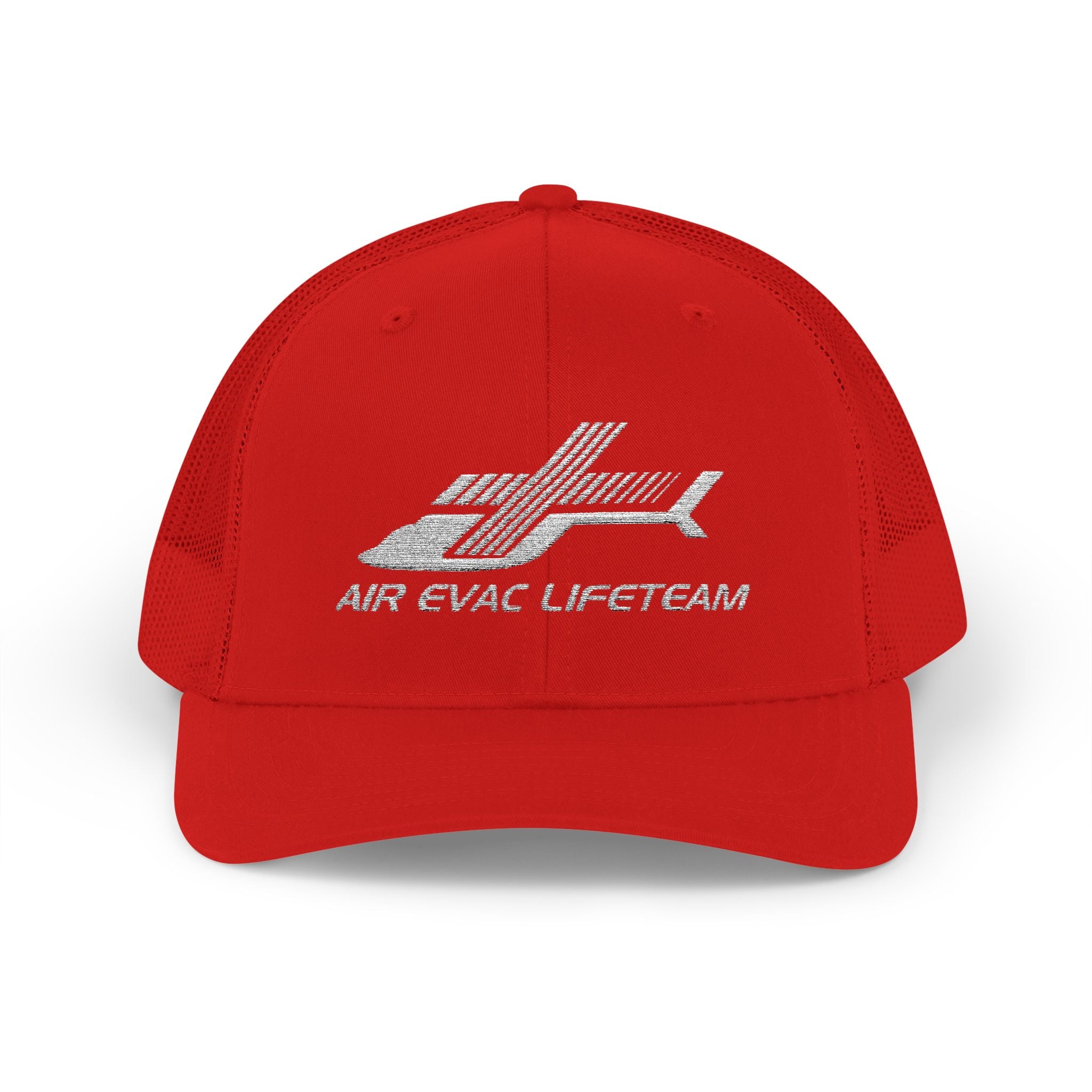 Red cap with 'Air Evac Lifeteam' embroidered logo on a white background