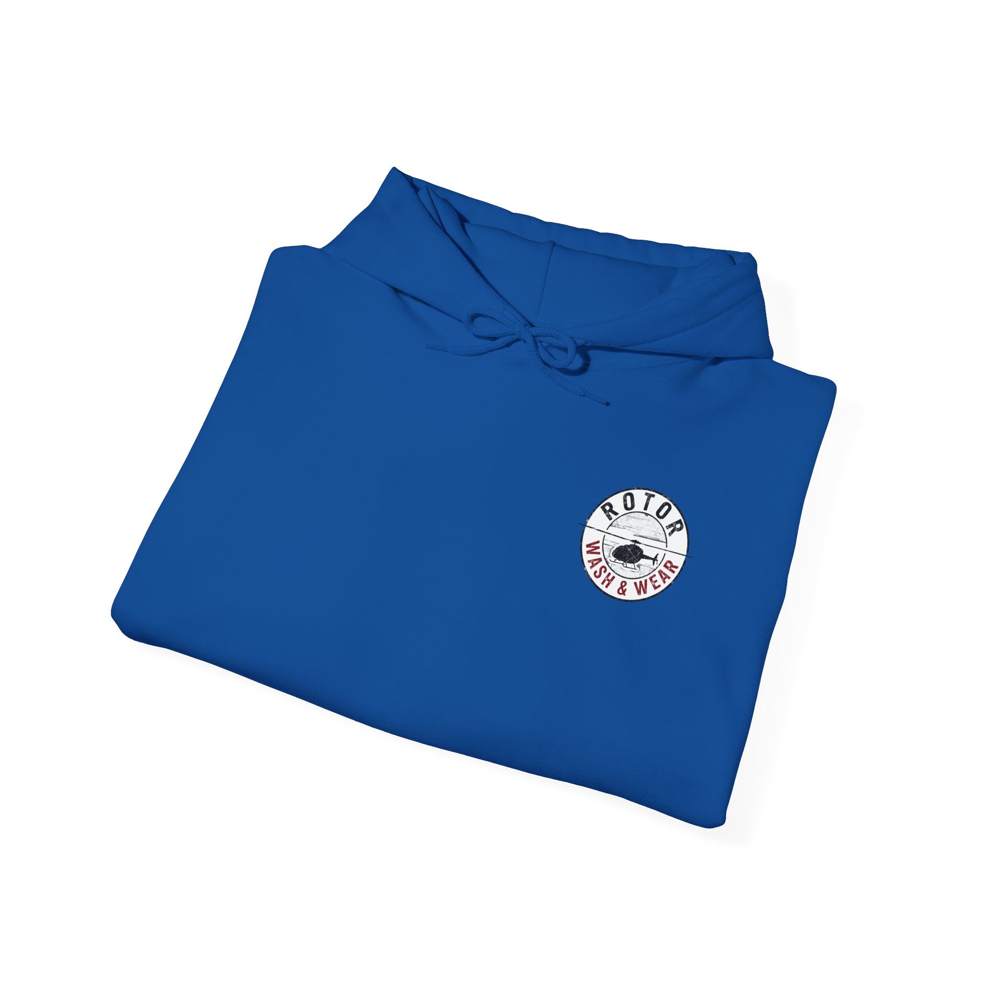 Folded blue hoodie with a Rotor Wash & Wear logo on a white background