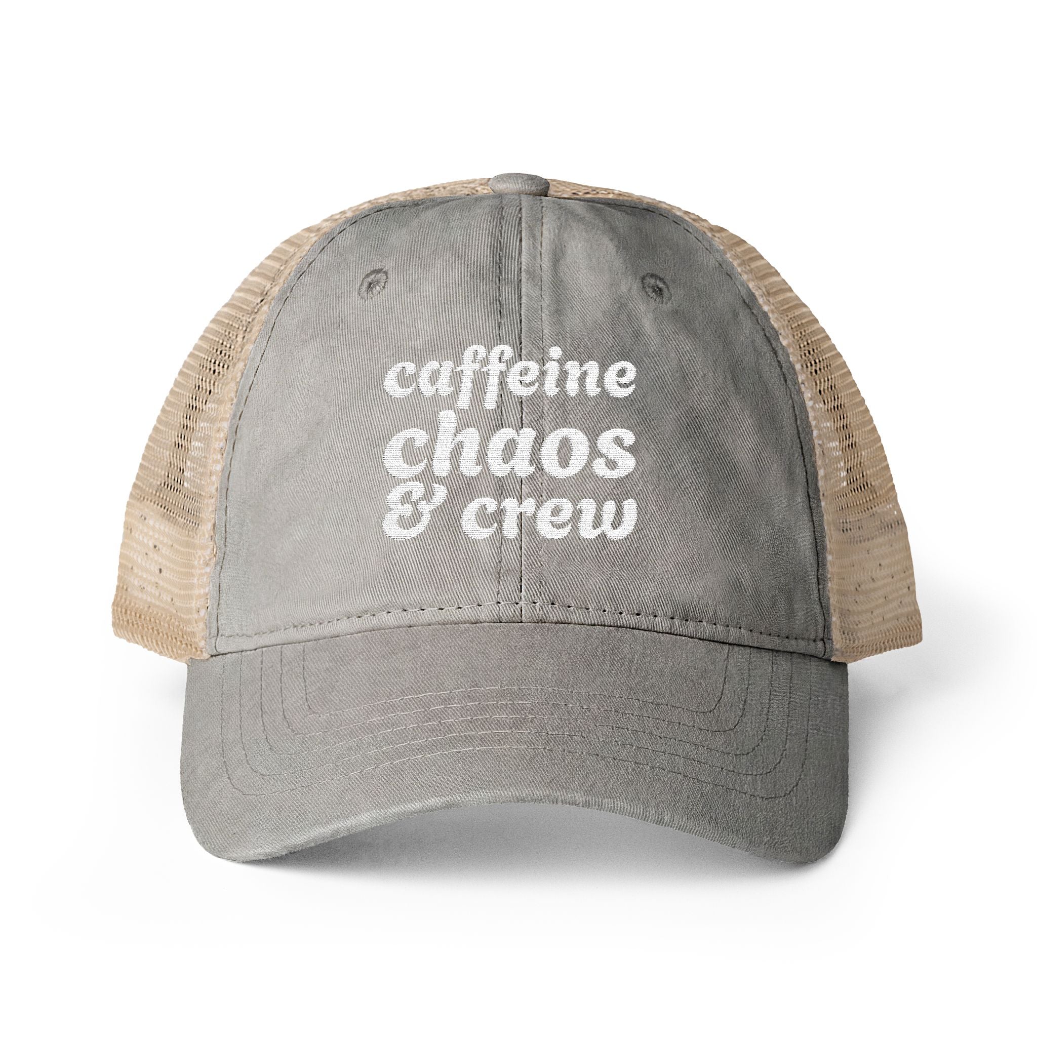 Women's "Caffeine, Chaos & Crew" Embroidered Trucker Hat