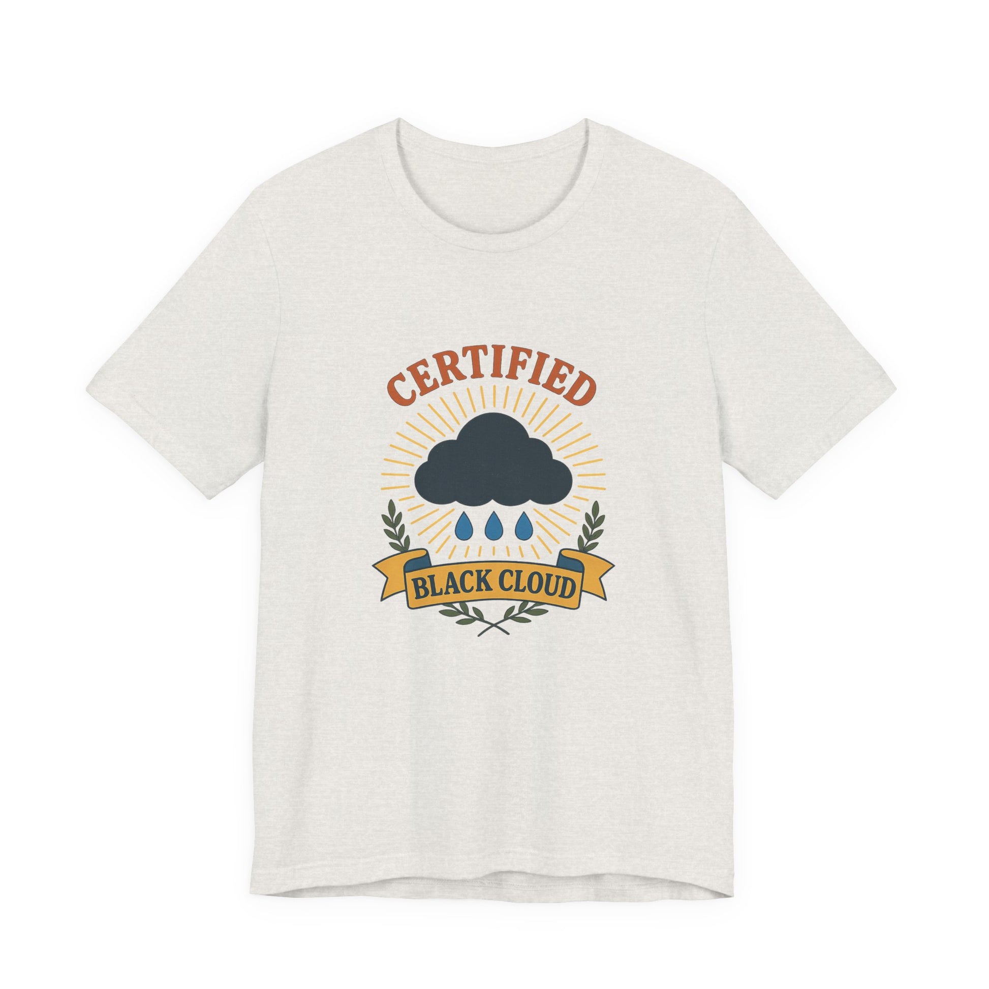 White t-shirt with 'Certified Black Cloud' graphic design on a white background