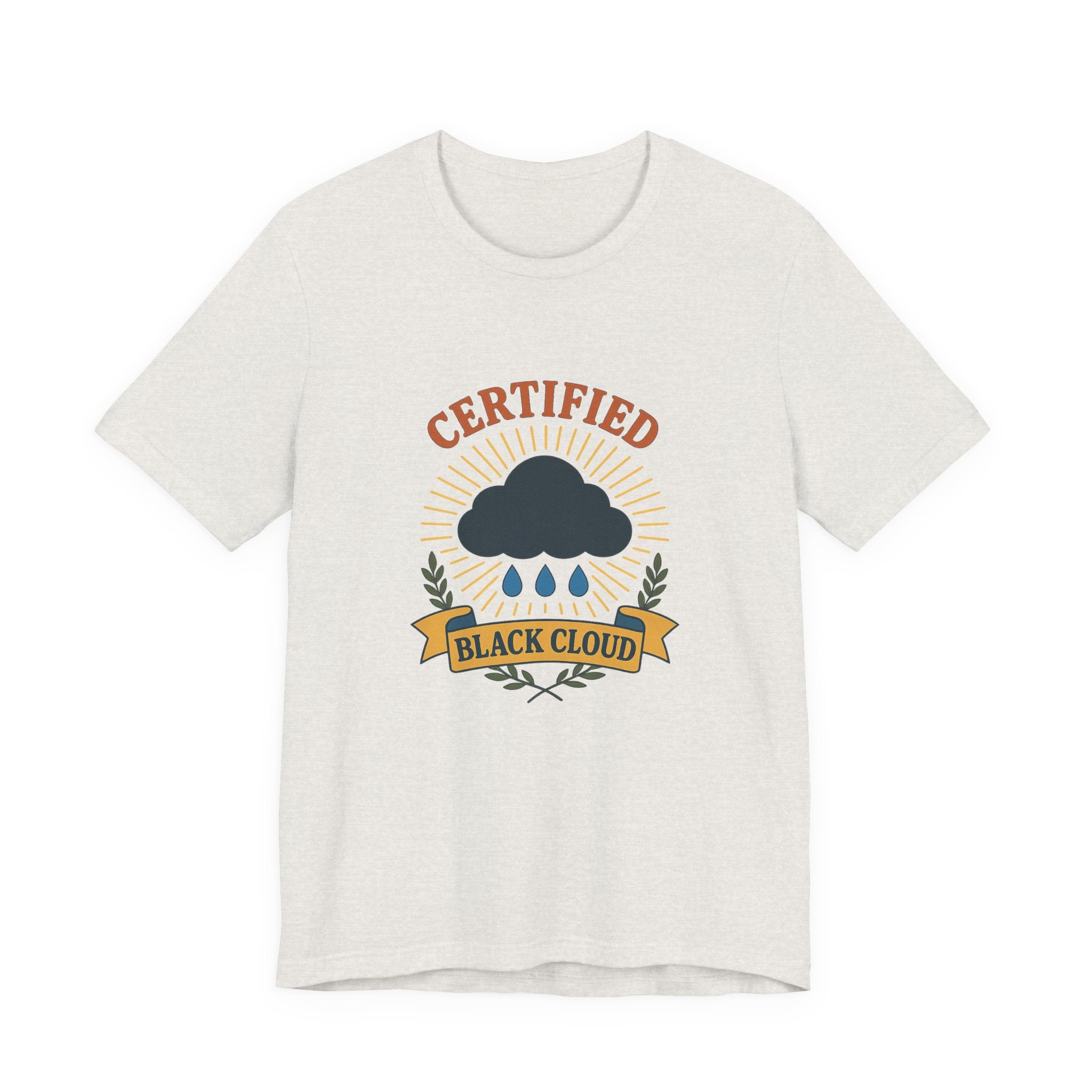 White t-shirt with &#39;Certified Black Cloud&#39; graphic design on a white background