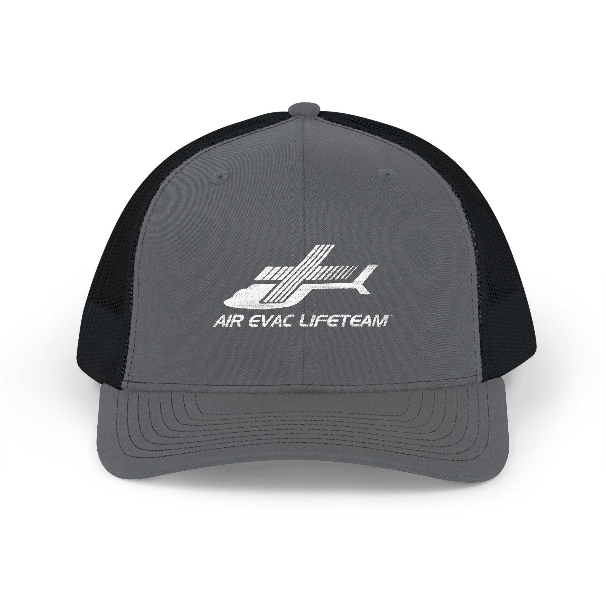Gray and black Richardson 112 trucker hat with 'Air Evac Lifeteam' logo by Rotor Wash & Wear