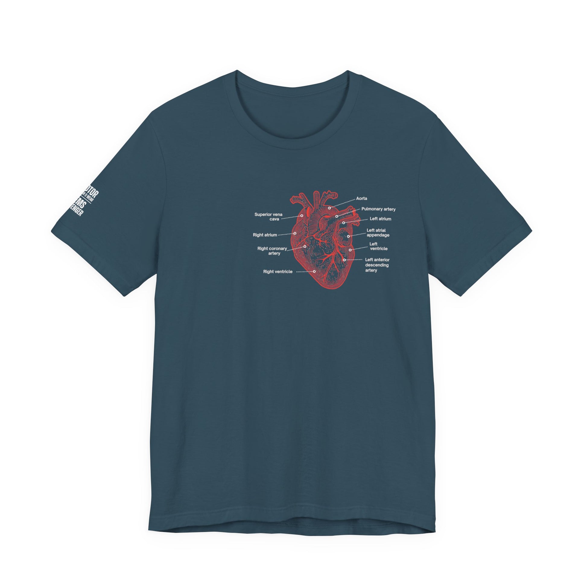 Deep teal t-shirt with a red anatomical heart design by Rotor Wash & Wear and EMS Avenger