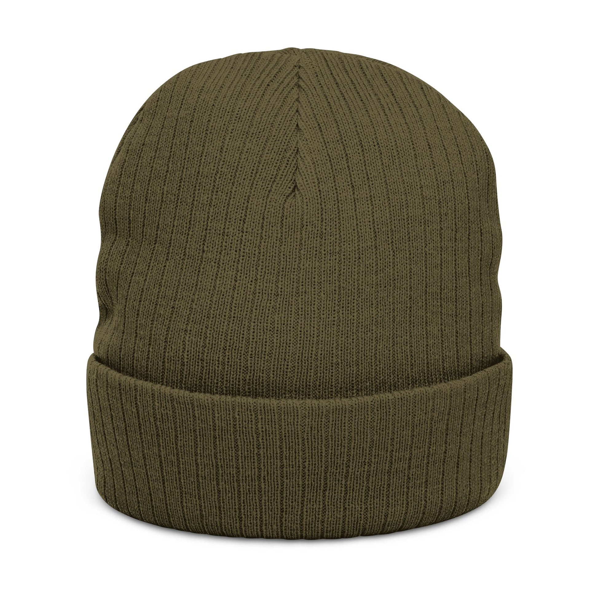 Green knit beanie on a white background
