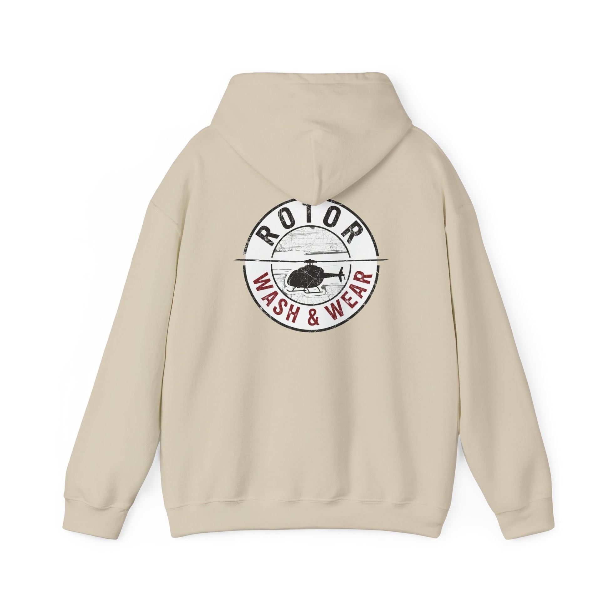 Beige hoodie with 'Rotor Wash & Wear' logo on the back against a white background