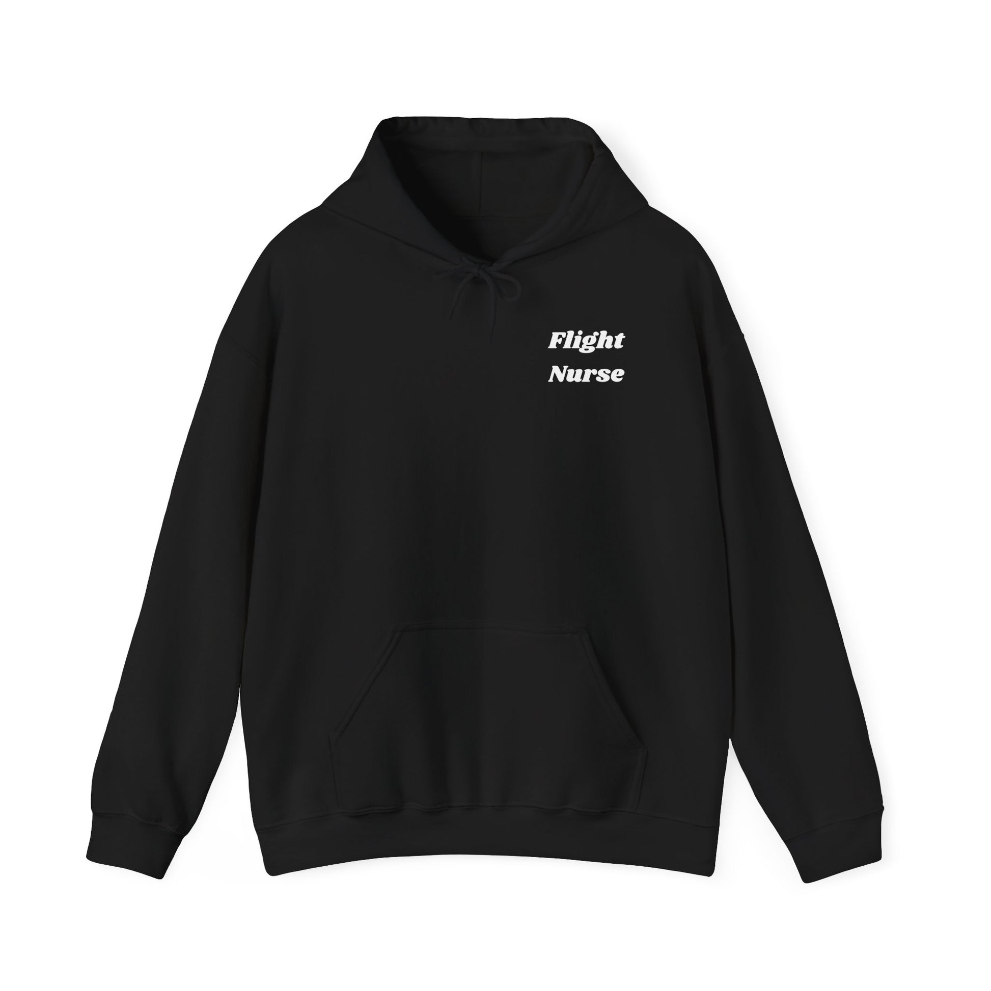 Black hoodie with 'Flight Nurse' text on a white background