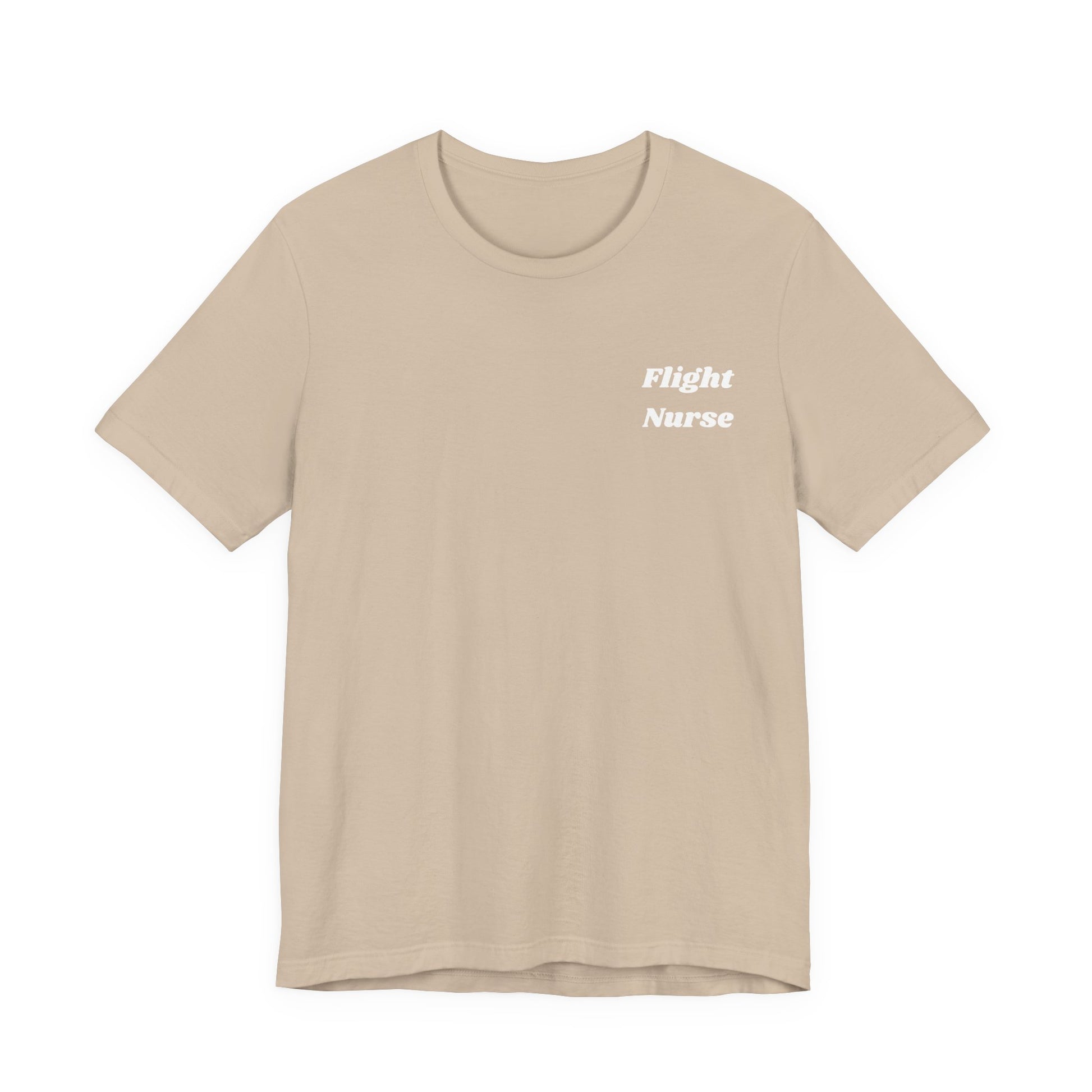 Beige t-shirt with 'Flight Nurse' text on a white background