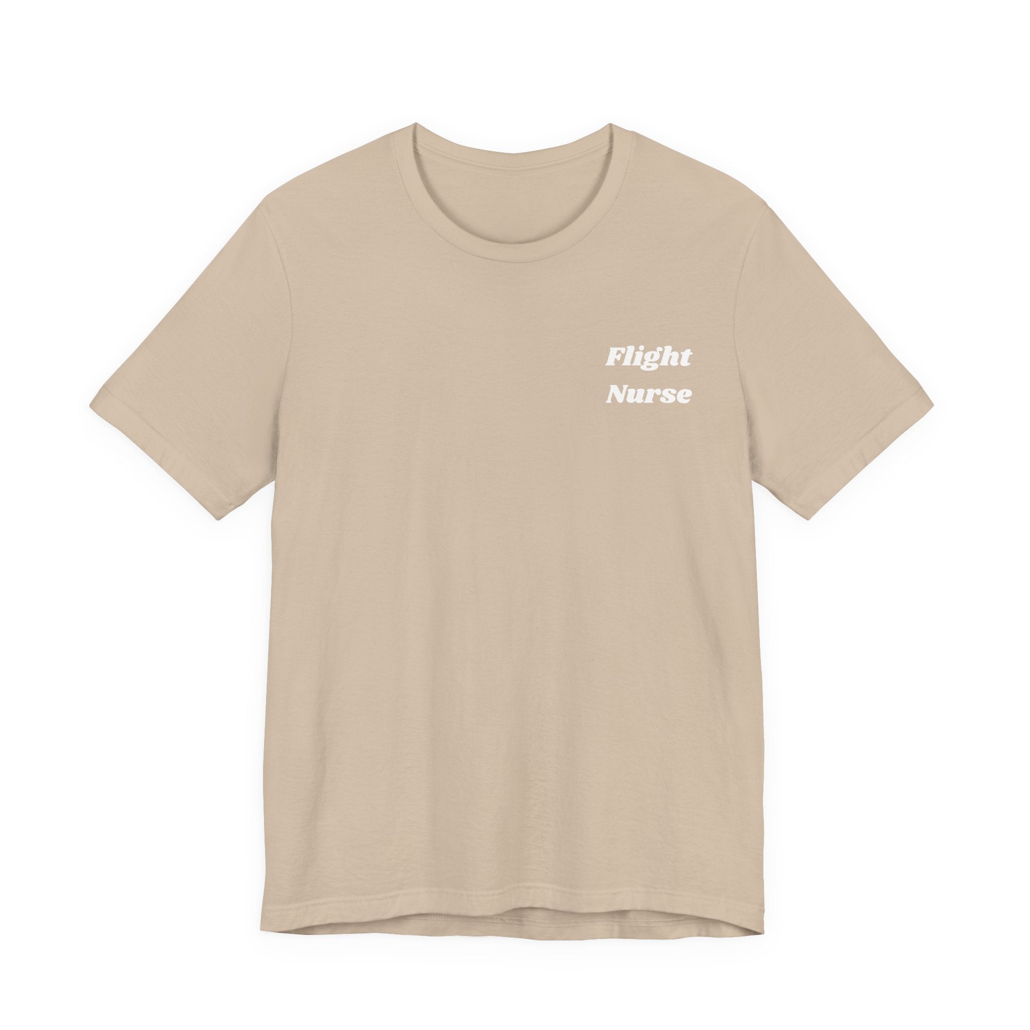 Beige t-shirt with 'Flight Nurse' text on a white background