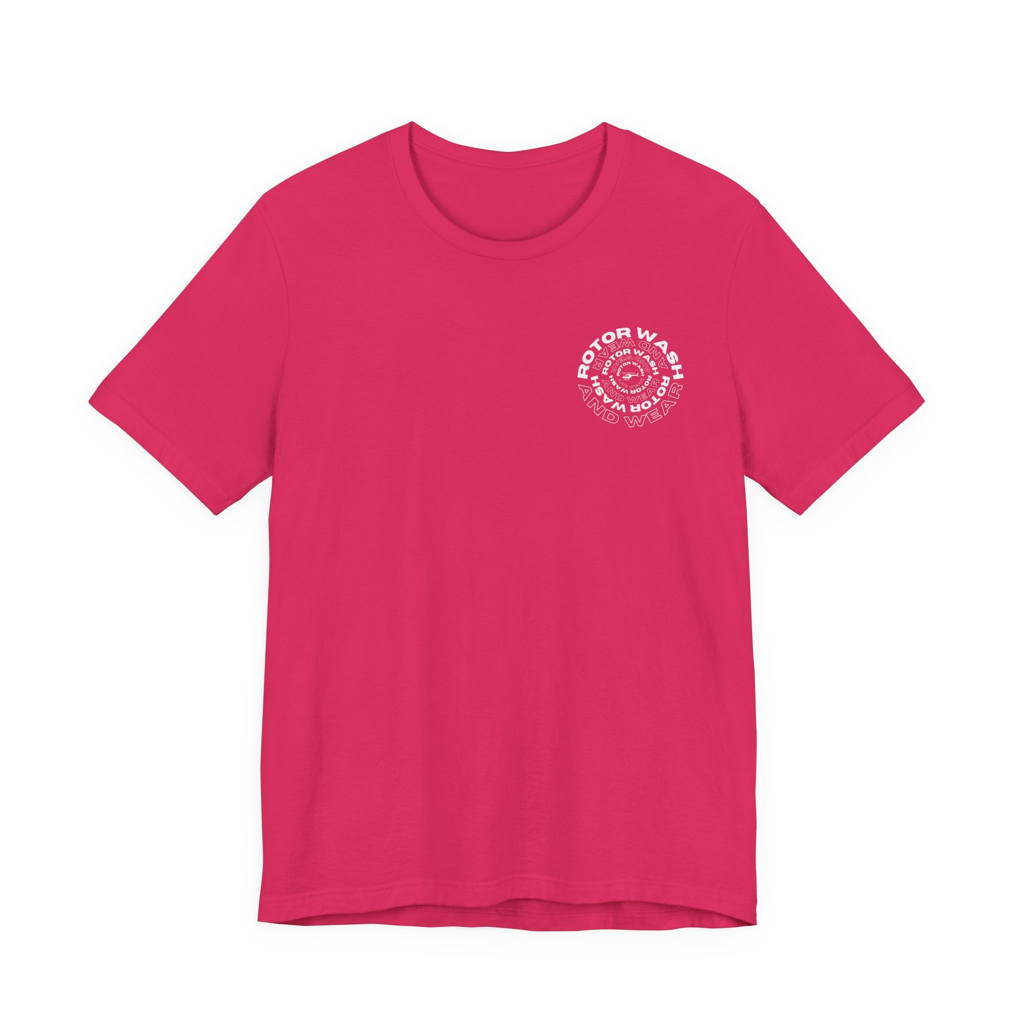 Pink t-shirt with 'Rotor Wash and Wear' circular design text design on the left chest on a white background