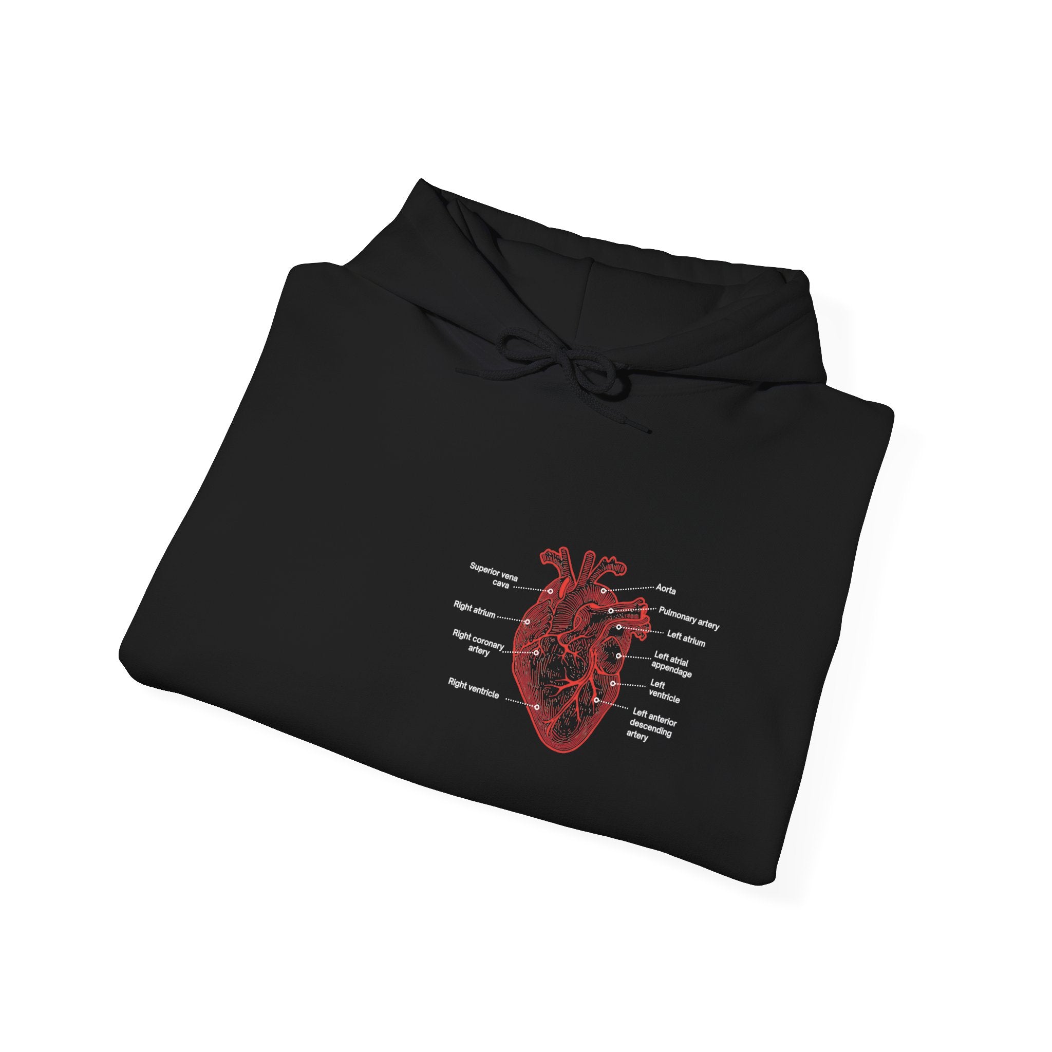 Folded black hoodie with a red anatomical with heart with labels by Rotor Wash & Wear and EMS Avenger