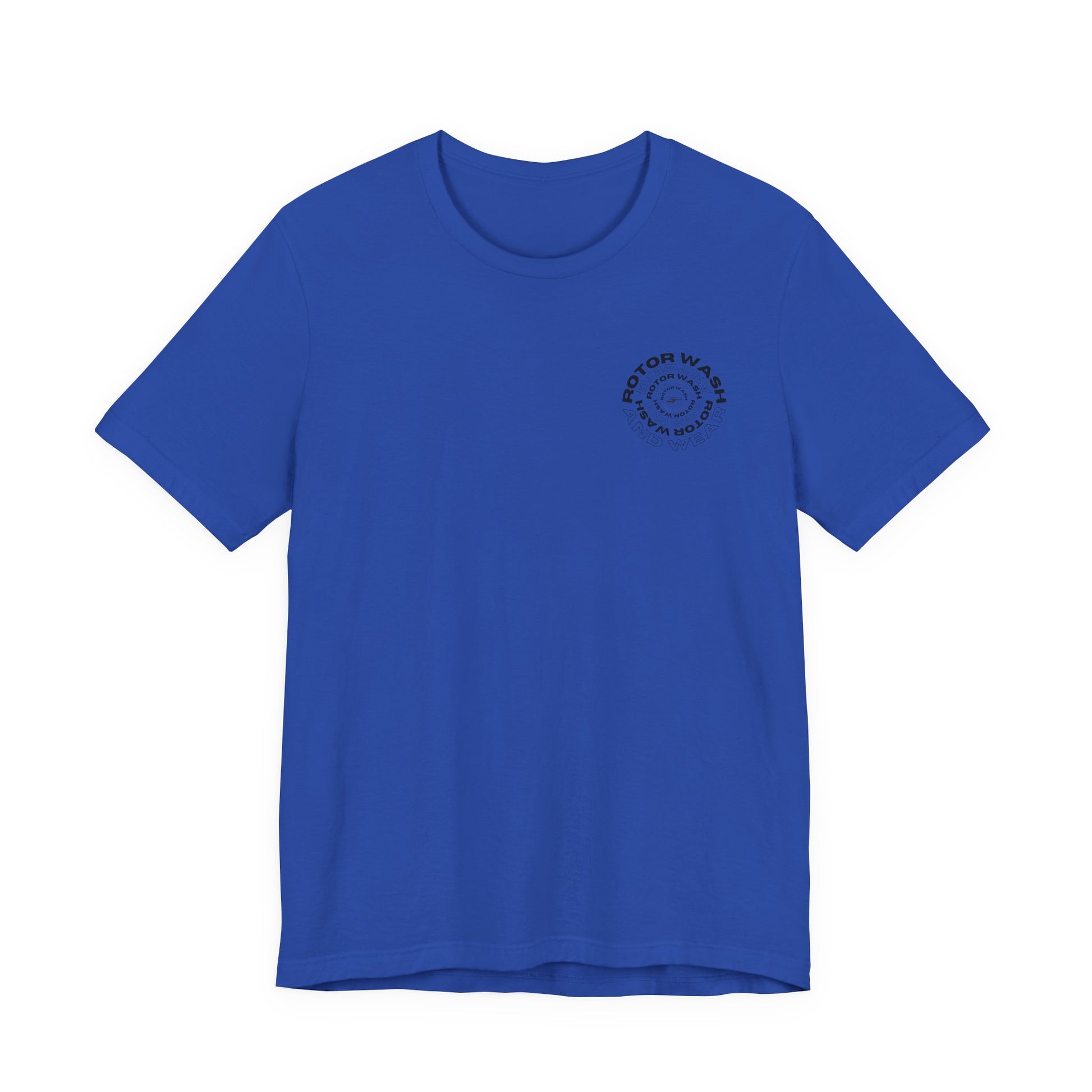 Blue t-shirt with 'Rotor Wash and Wear' circular design text design on the left chest on a white background