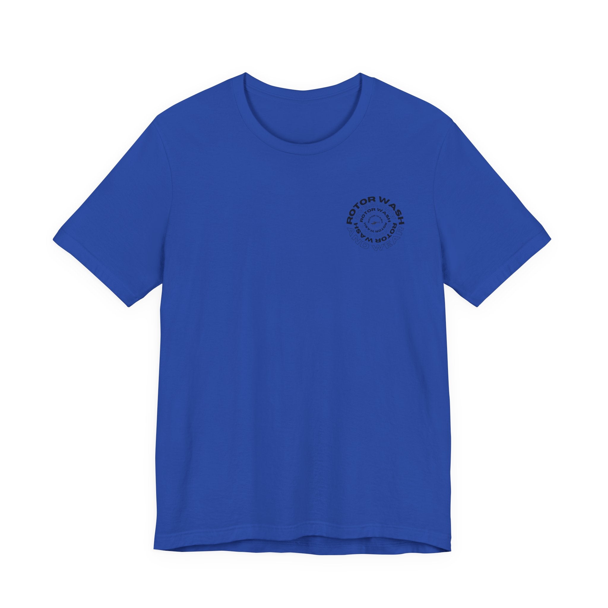 Blue t-shirt with 'Rotor Wash and Wear' circular design text design on the left chest on a white background