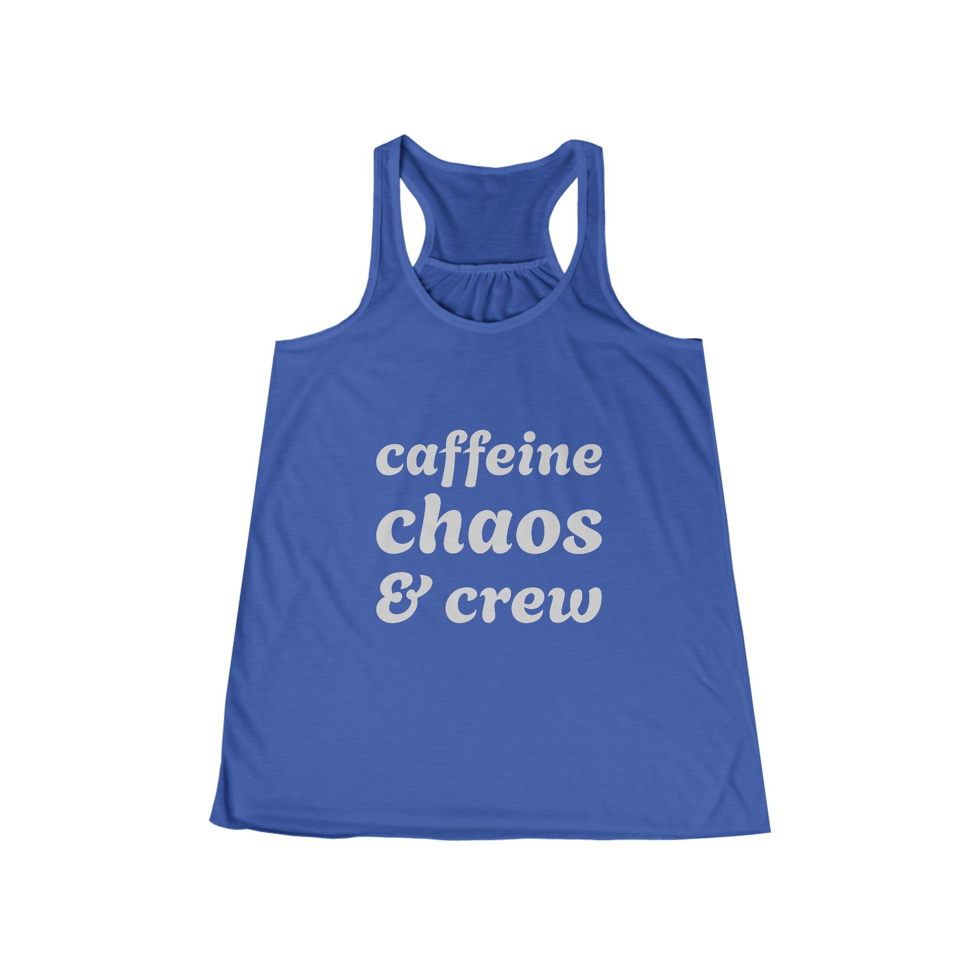 Blue tank top with 'caffeine chaos & crew' text on a white background