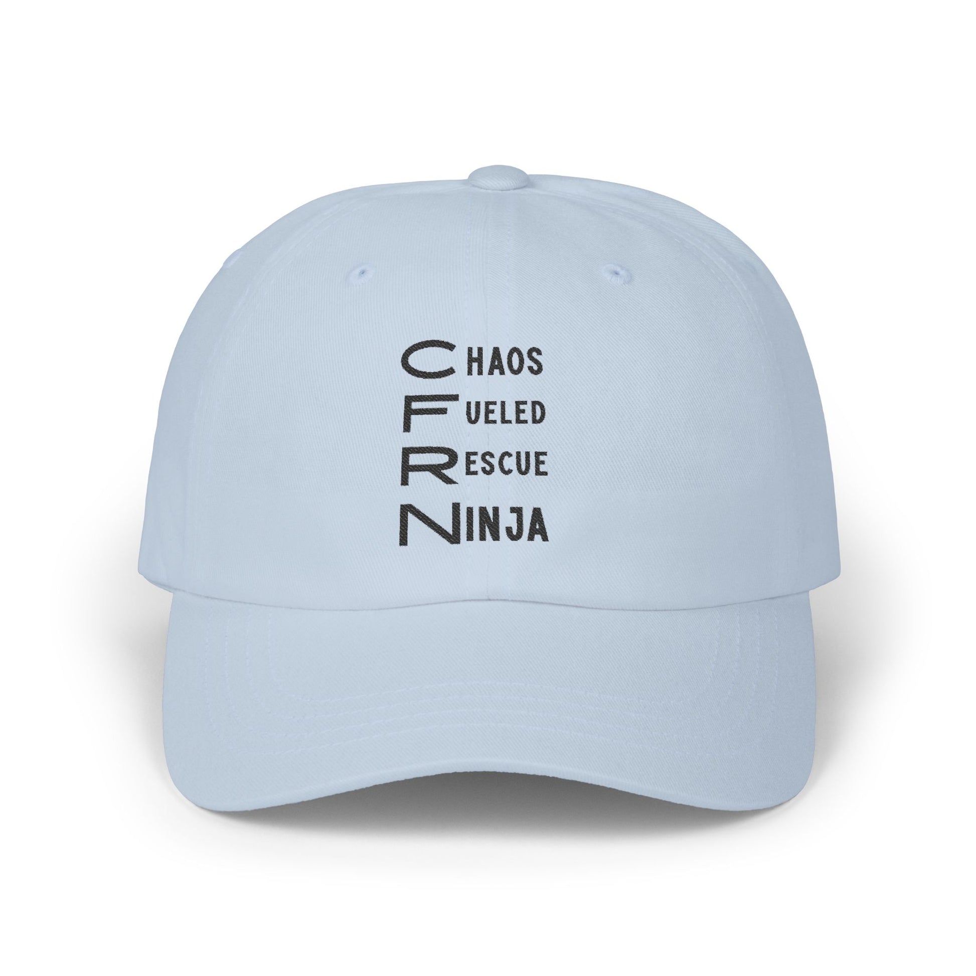 Light blue cap with CFRN 'Chaos Fueled Rescue Ninja' text on a white background