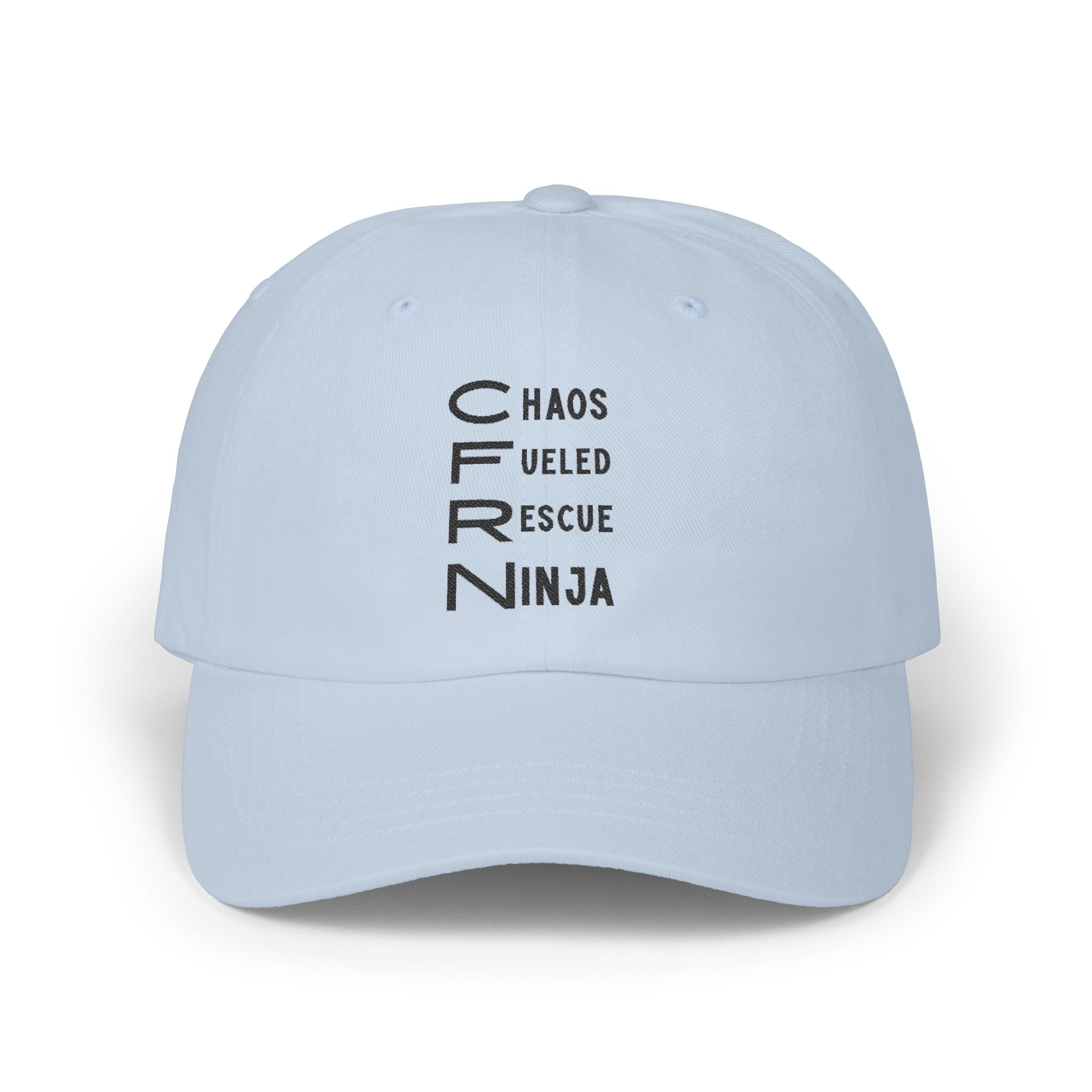 Light blue cap with CFRN 'Chaos Fueled Rescue Ninja' text on a white background