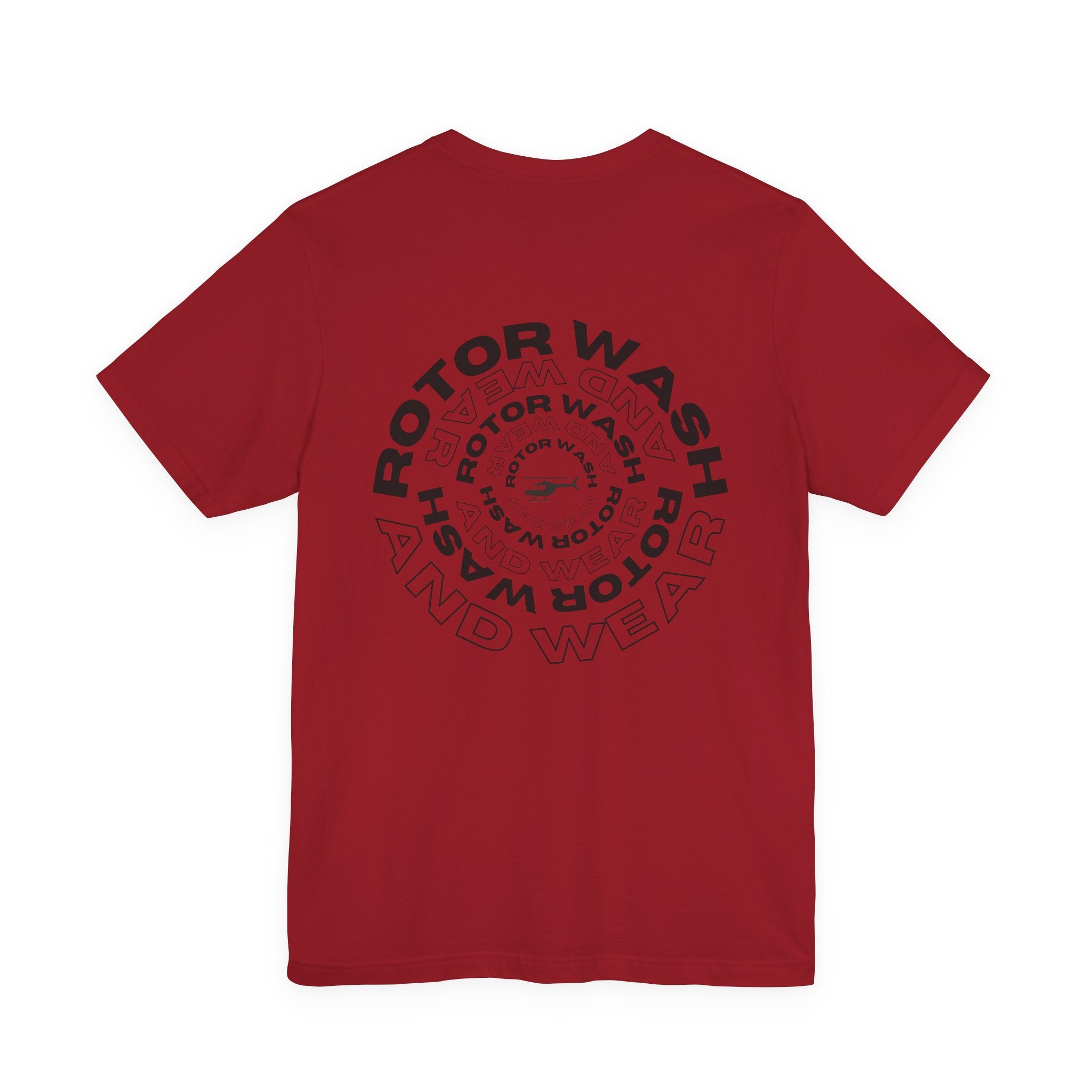 Red t-shirt with 'Rotor Wash and Wear' circular design text design on a white background