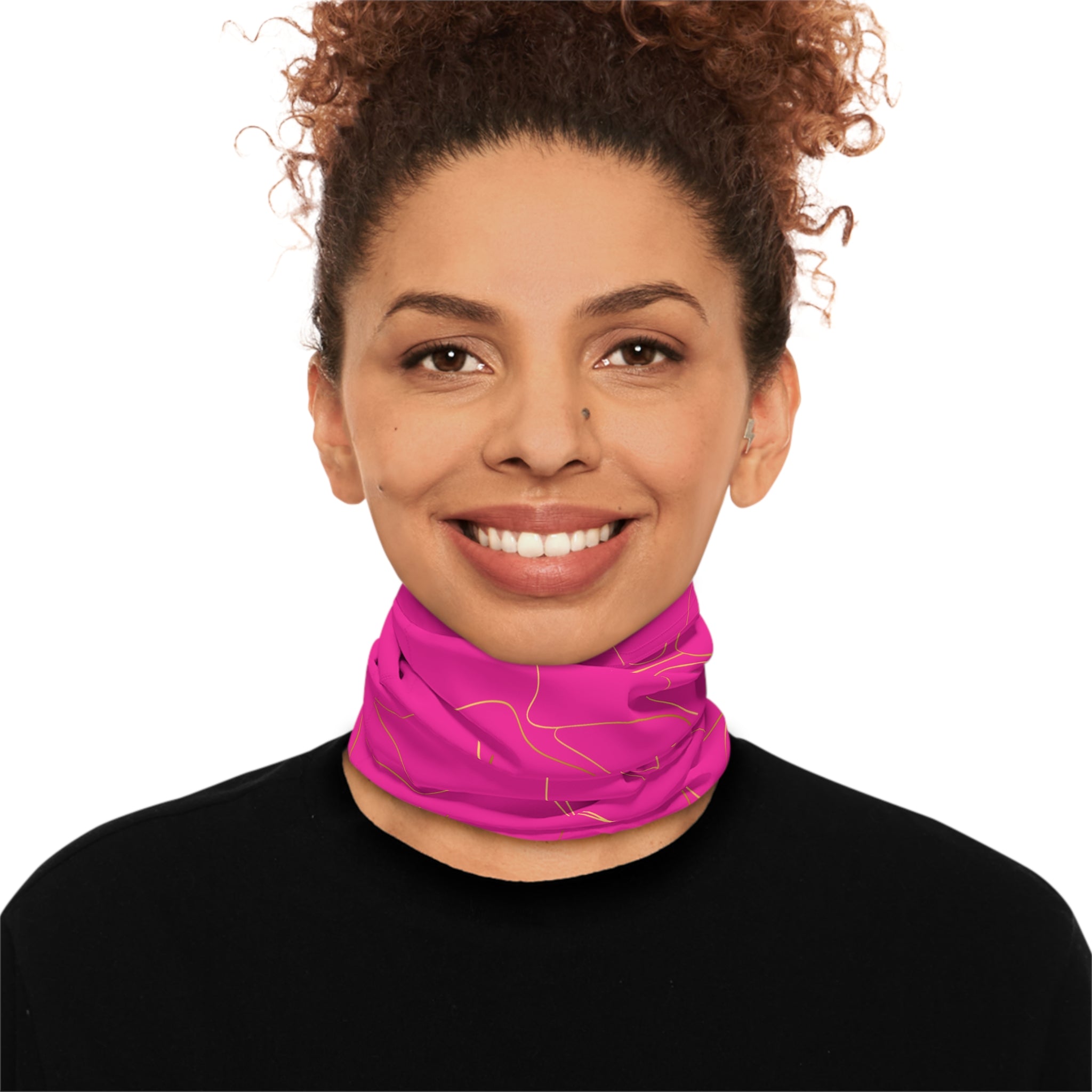 Person wearing hot pink neck gaiter with gold piping pattern by Rotor Wash & Wear