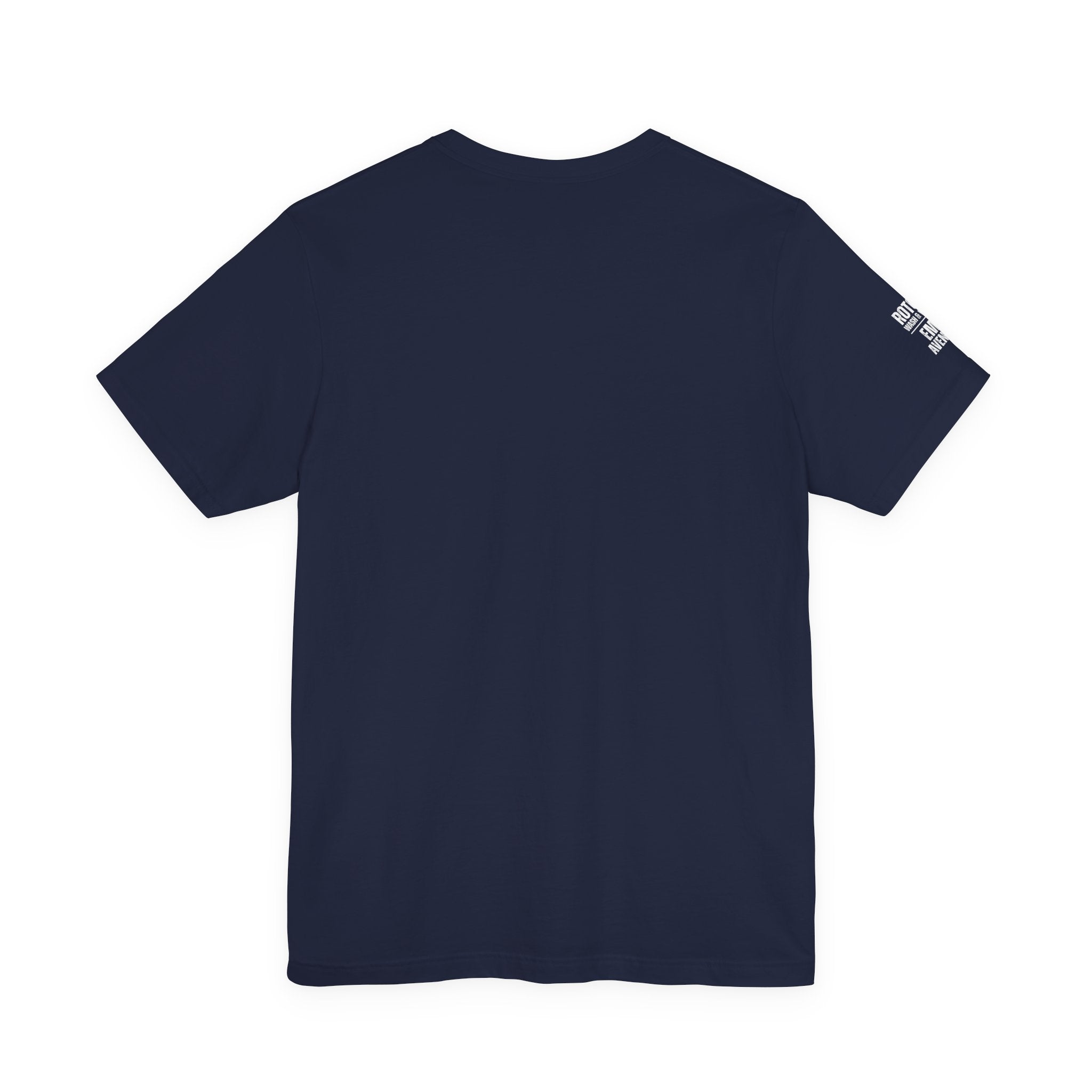 Navy blue t-shirt with a small white logo on the sleeve against a white background