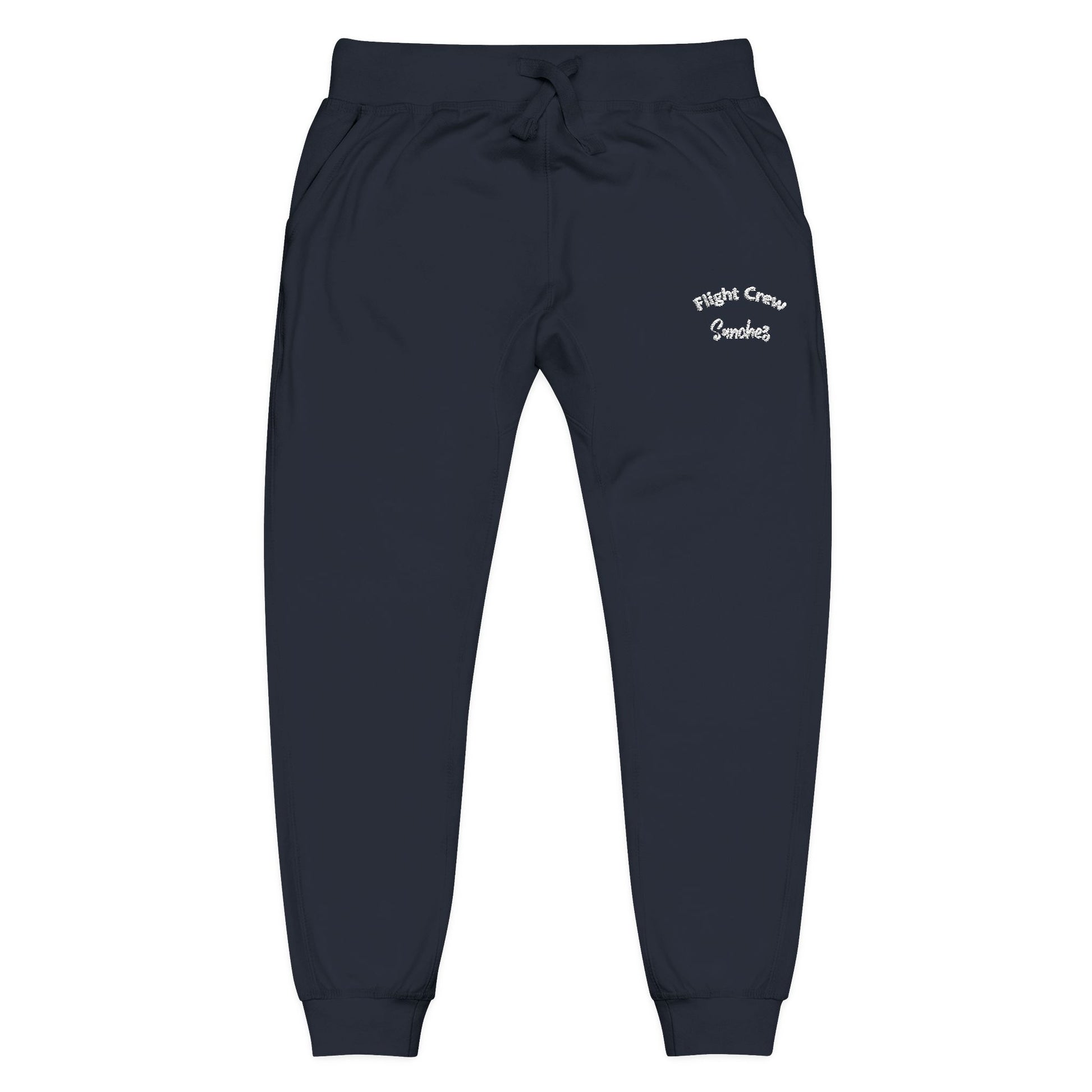 Navy joggers with 'Flight Crew Sanchez' text on a white background