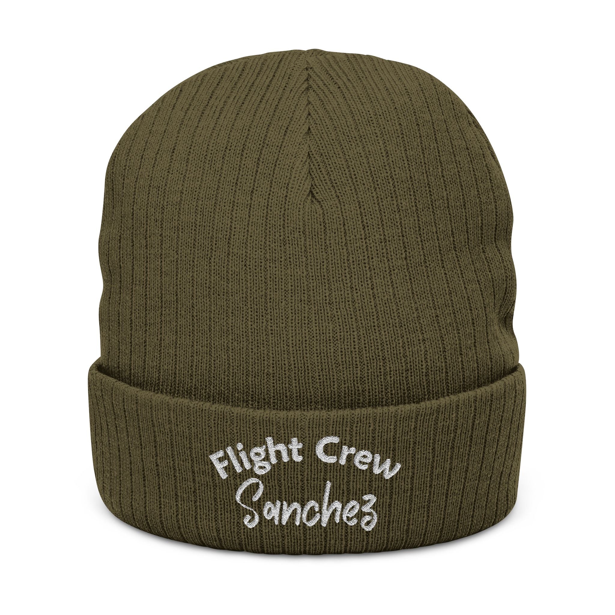 Green beanie with 'Flight Crew Sanchez' text on a white background