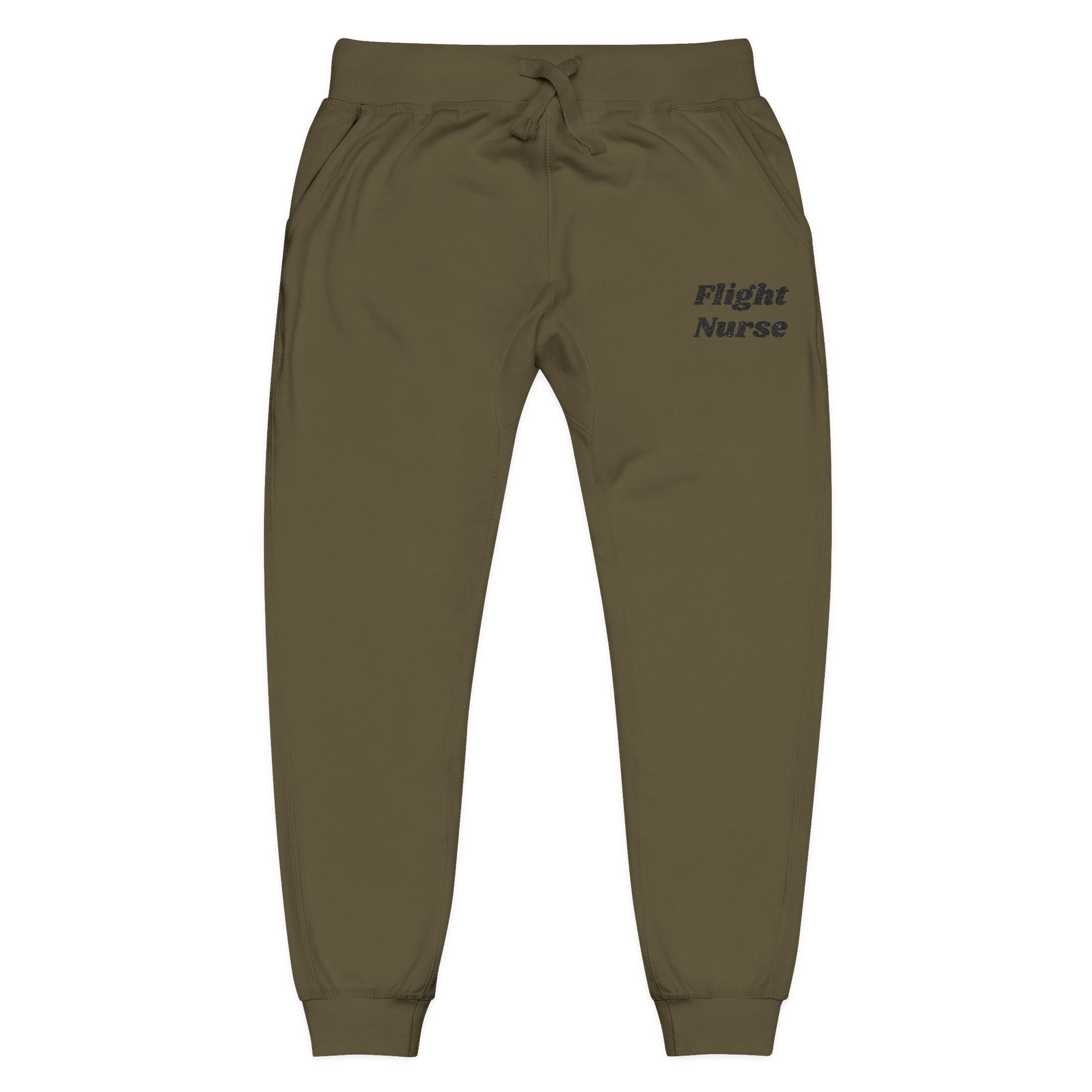 Olive green joggers with 'Flight Nurse' embroidered text on a white background