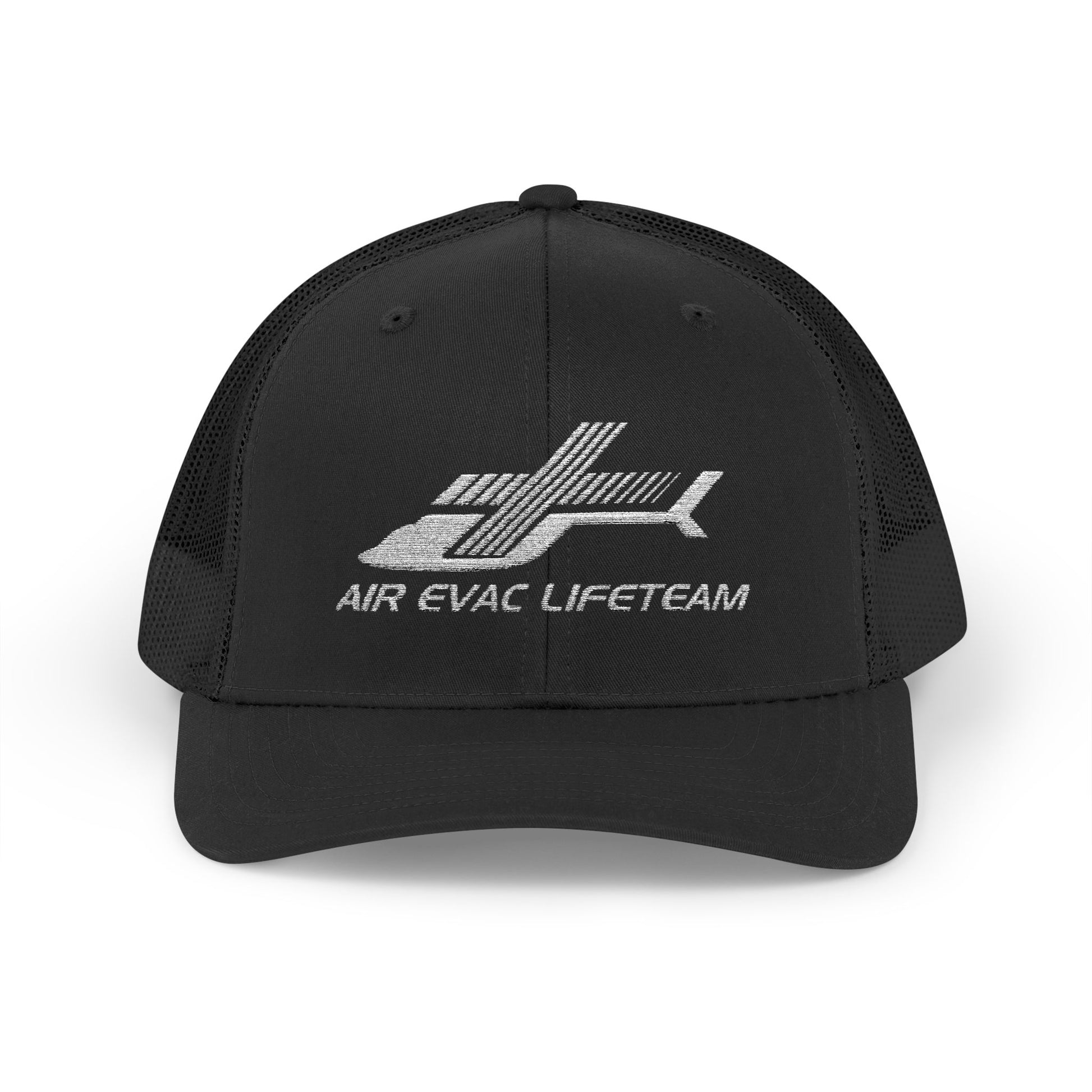Black trucker hat  with 'Air Evac Lifeteam' embroidered logo on a white background