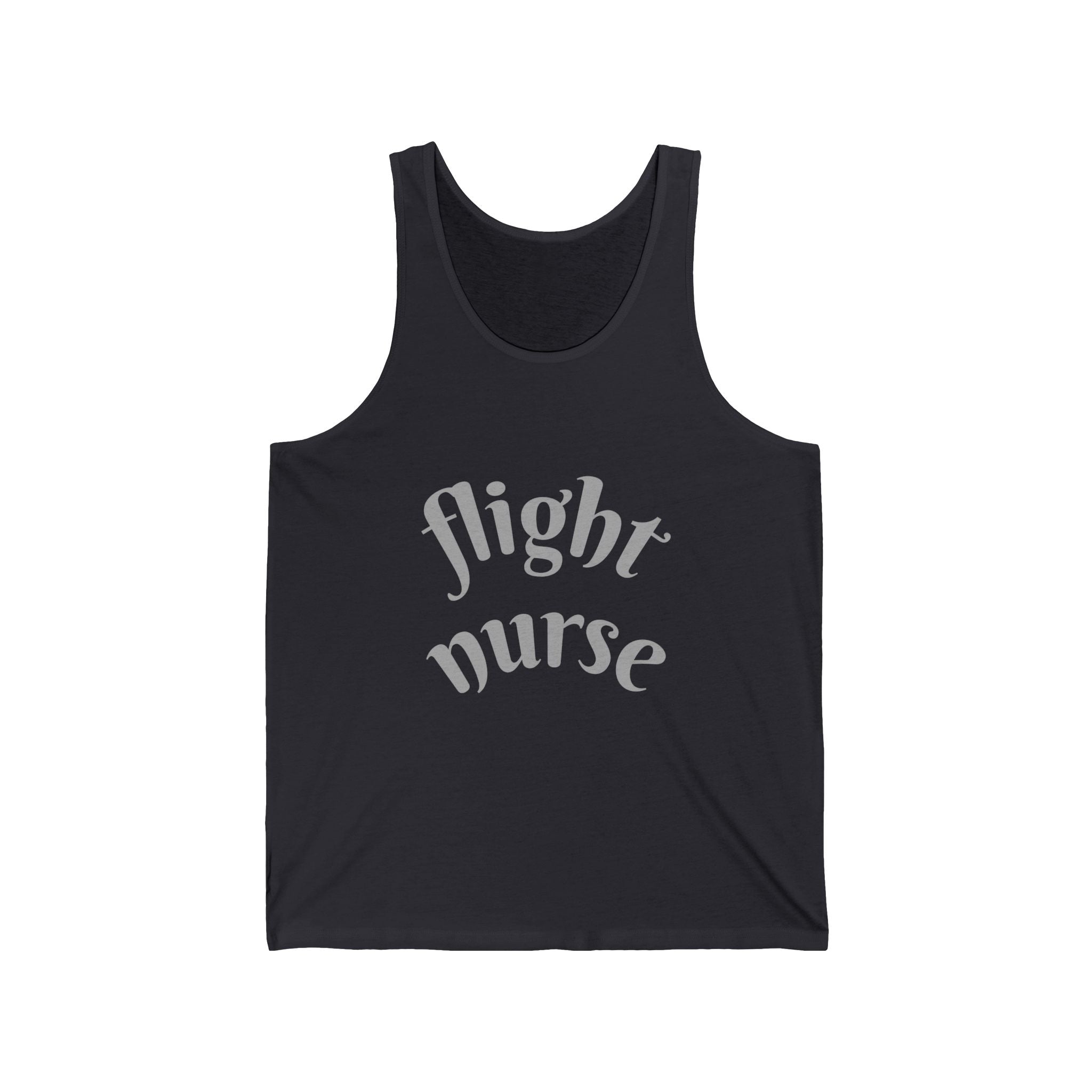 Dark gray tank top with 'flight nurse' text on a white background