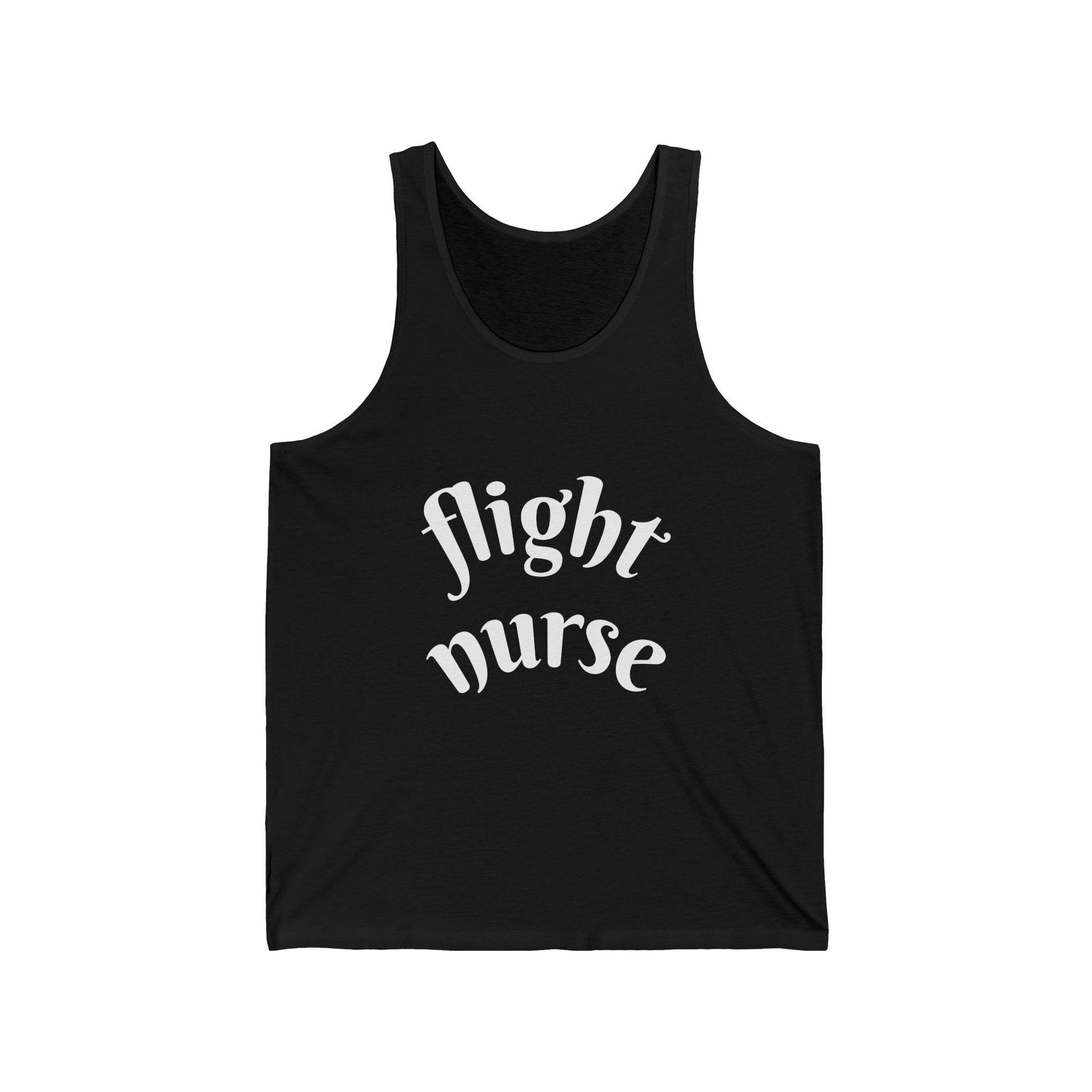 Black tank top with 'flight nurse' text on a white background