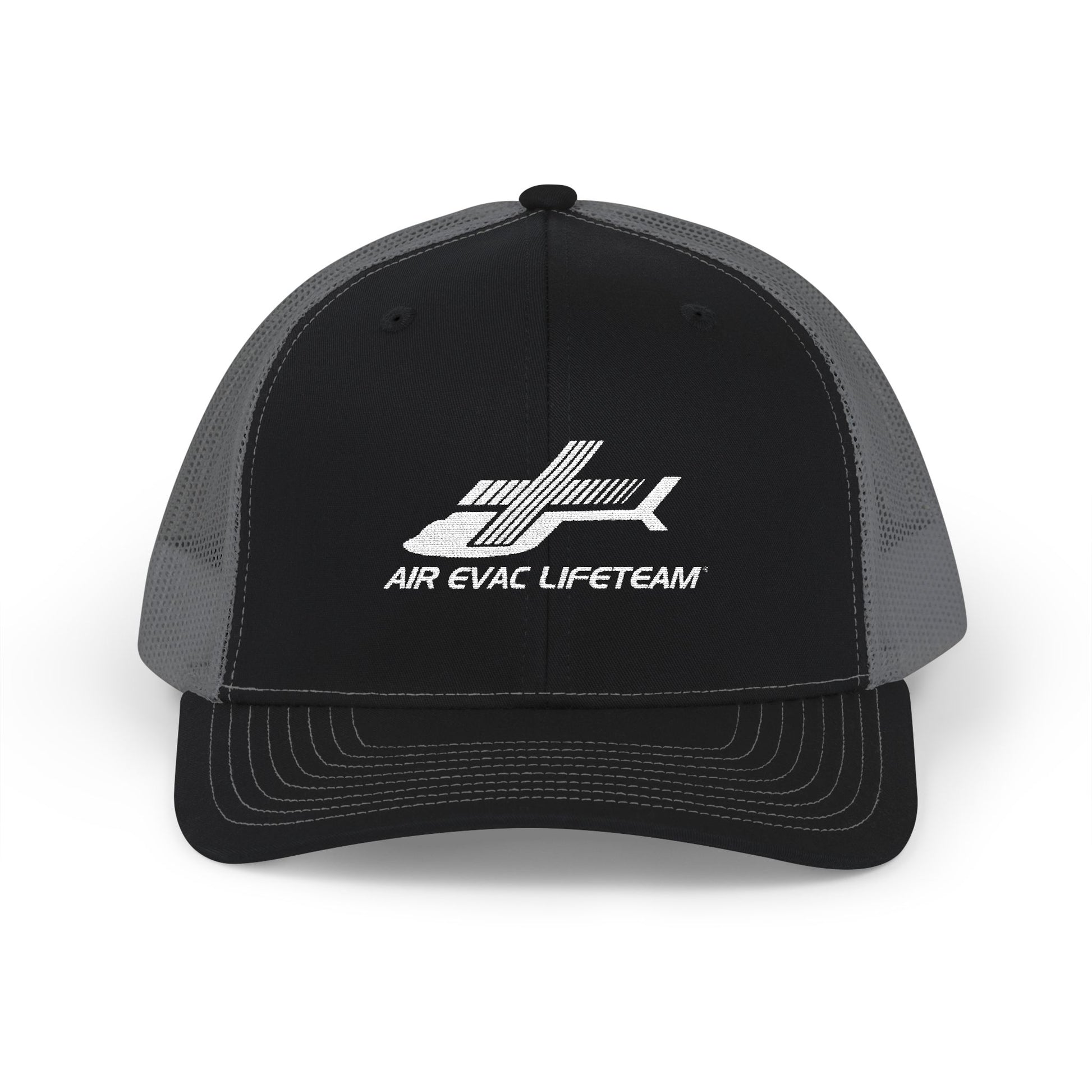 Black and gray Richardson 112 trucker hat with 'Air Evac Lifeteam' logo by Rotor Wash & Wear