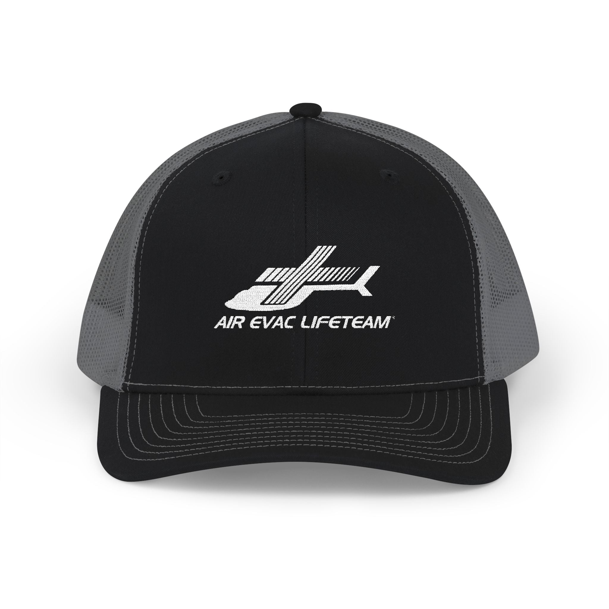 Black and gray Richardson 112 trucker hat with 'Air Evac Lifeteam' logo by Rotor Wash & Wear