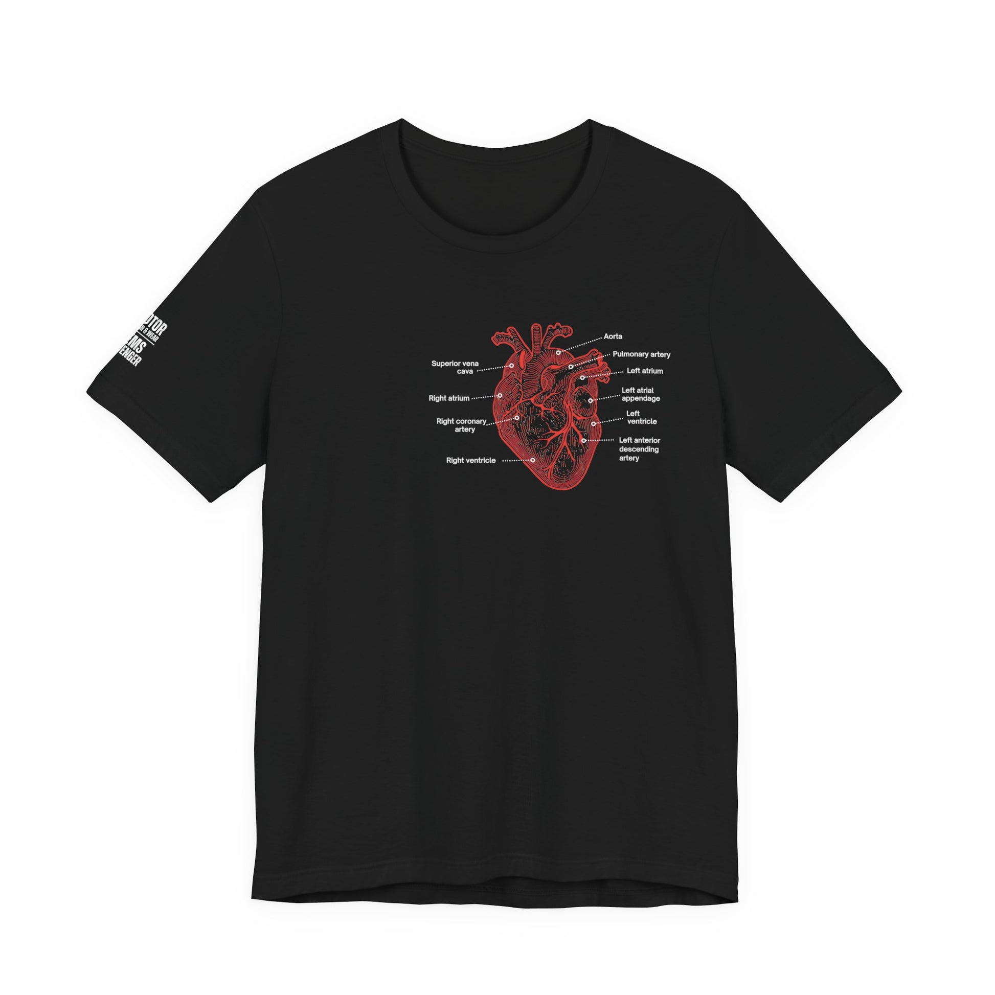 Black t-shirt with a red anatomical heart design by Rotor Wash & Wear and EMS Avenger