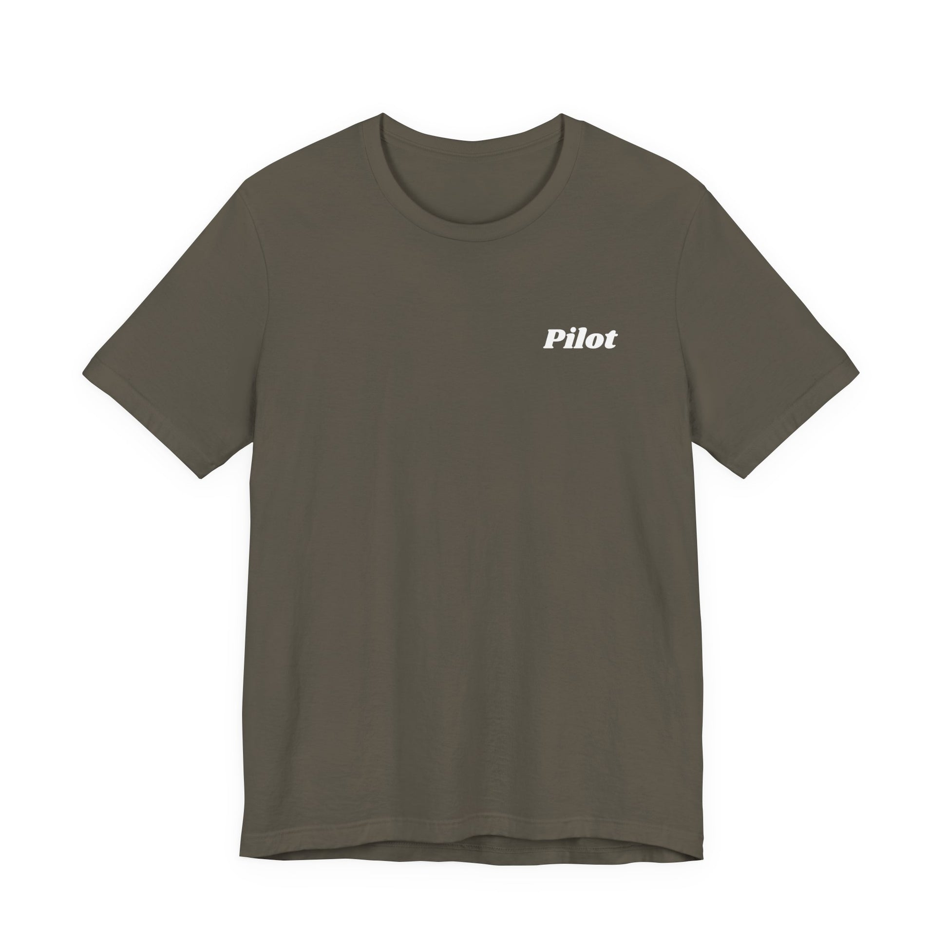 Gray t-shirt with 'Pilot' text on a white background