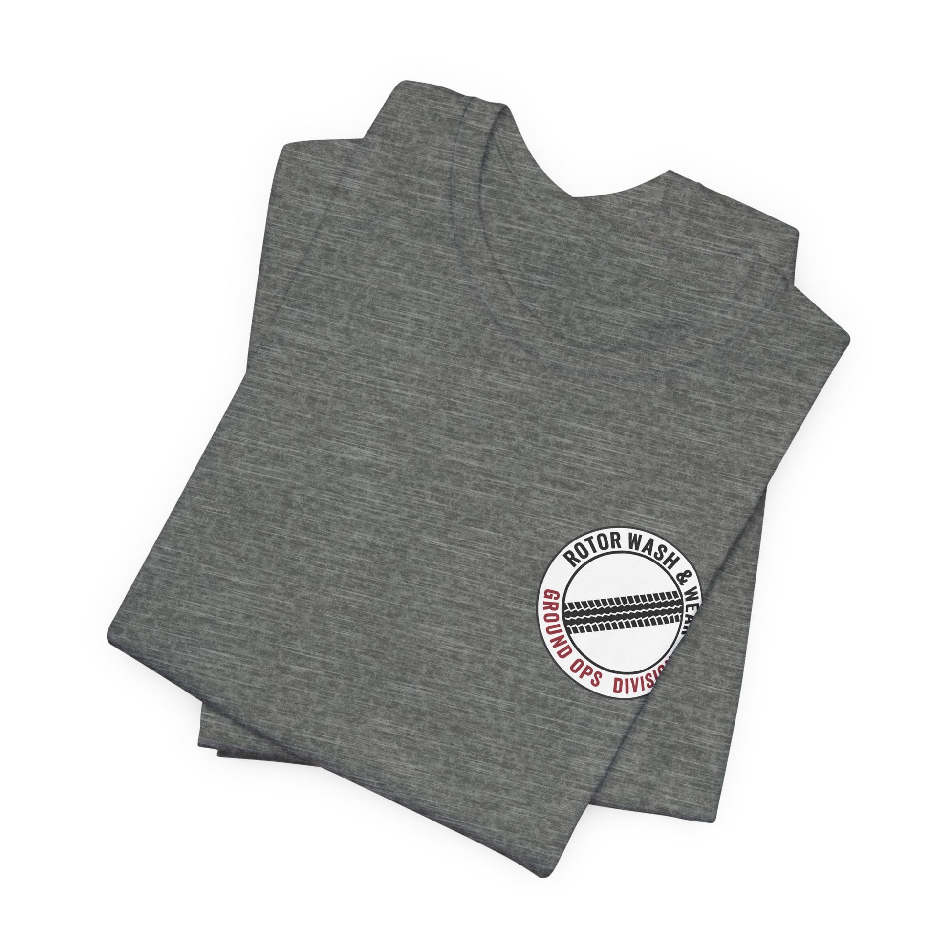 Gray t-shirt with a "Rotor Wash & Wear - Ground Ops Division" logo on the left chest on a white background