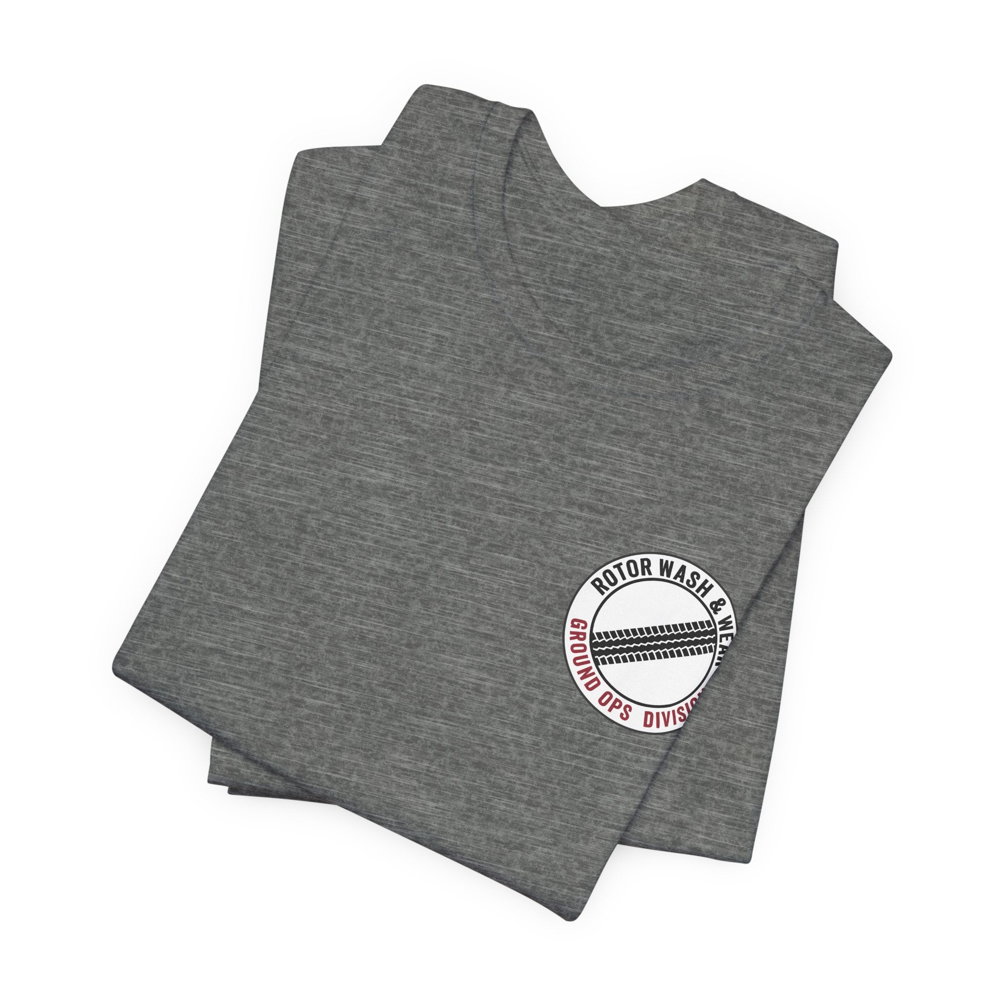 Gray t-shirt with a "Rotor Wash & Wear - Ground Ops Division" logo on the left chest on a white background