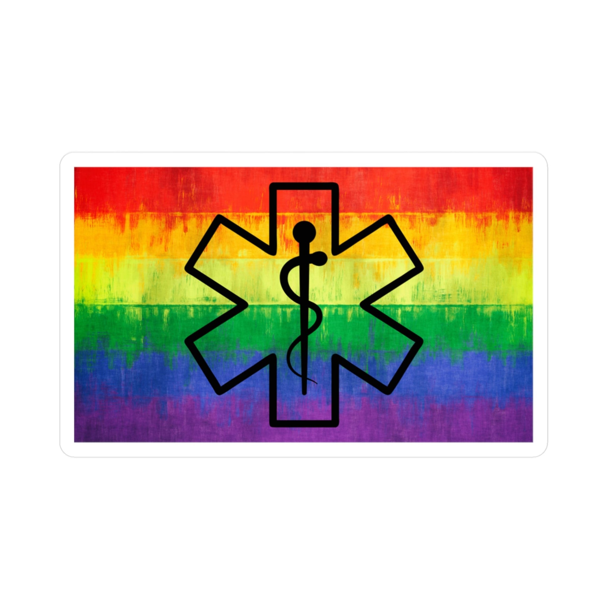 Sticker of rainbow Pride flag with a black star of life symbol by Rotor Wash & Wear