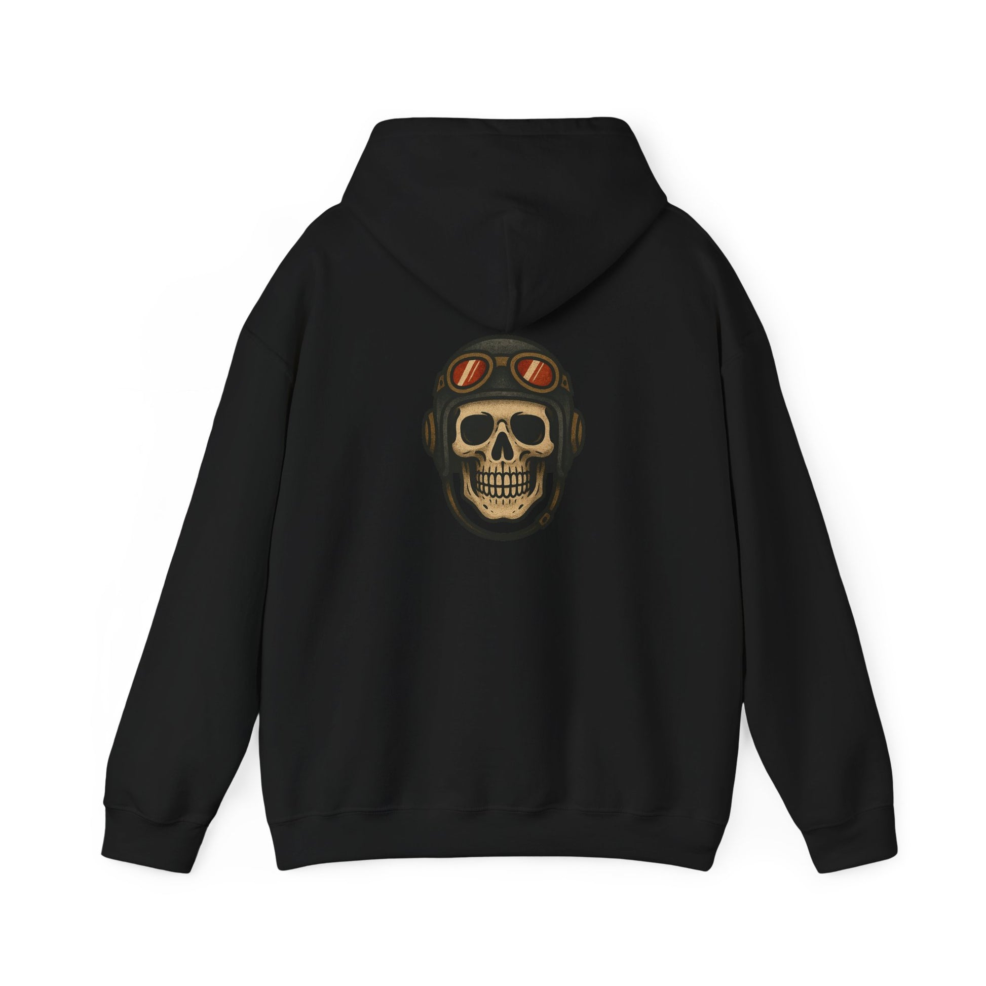 Black hoodie with an american traditional style skull wearing a flight helmet on a white background