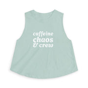 Light green sleeveless shirt with 'caffeine chaos & crew' text by Rotor Wash & Wear