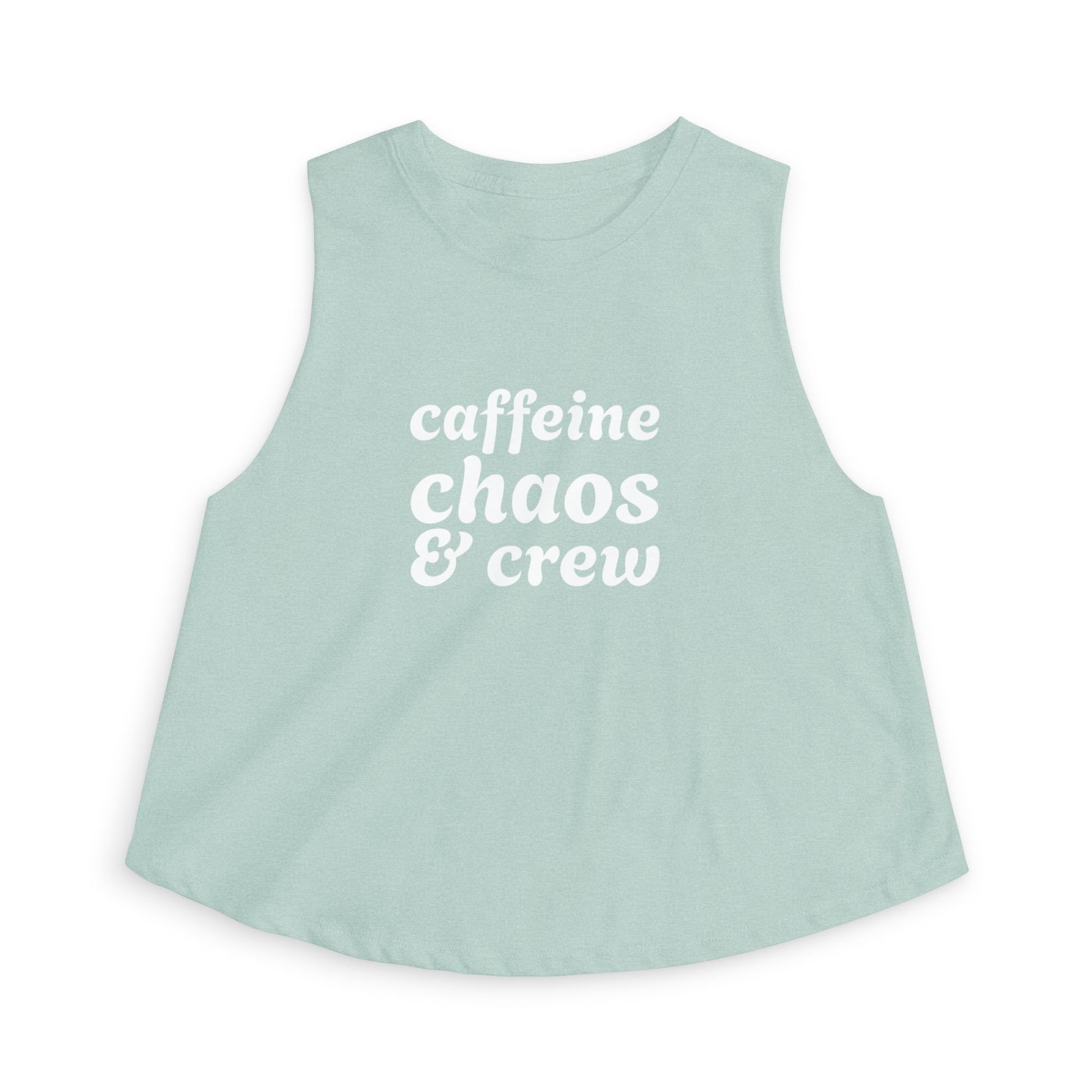 Light green sleeveless shirt with 'caffeine chaos & crew' text by Rotor Wash & Wear
