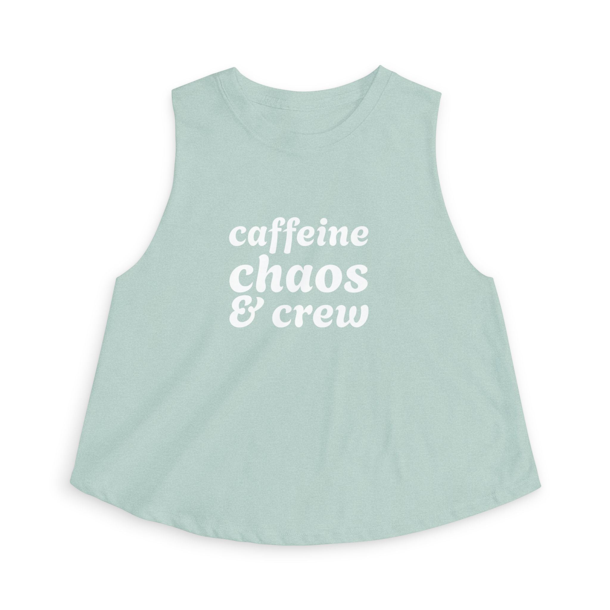 Light green sleeveless shirt with 'caffeine chaos & crew' text by Rotor Wash & Wear