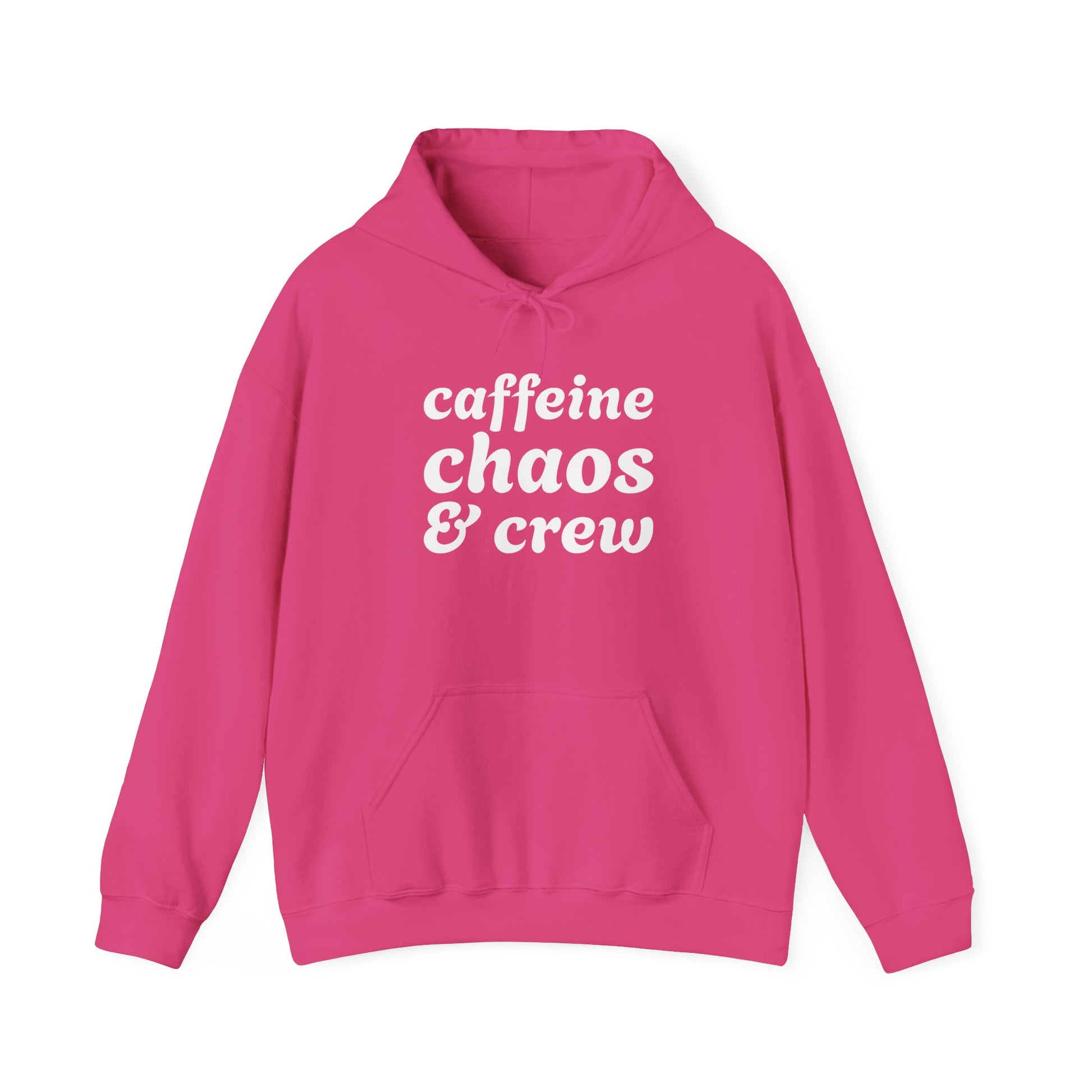 Pink hoodie with 'caffeine chaos & crew' text on a white background