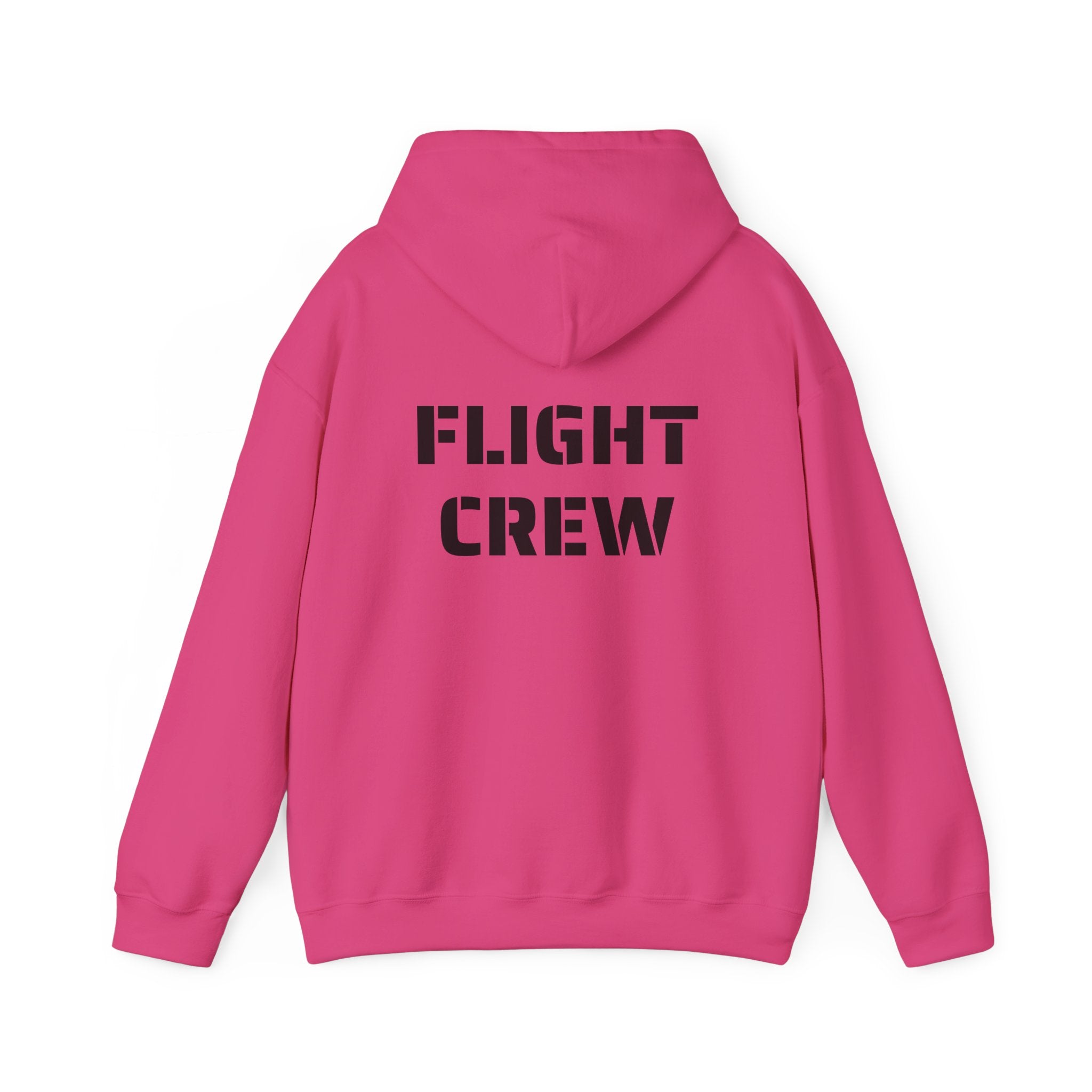 Pink hoodie with 'FLIGHT CREW' text on the back against a white background