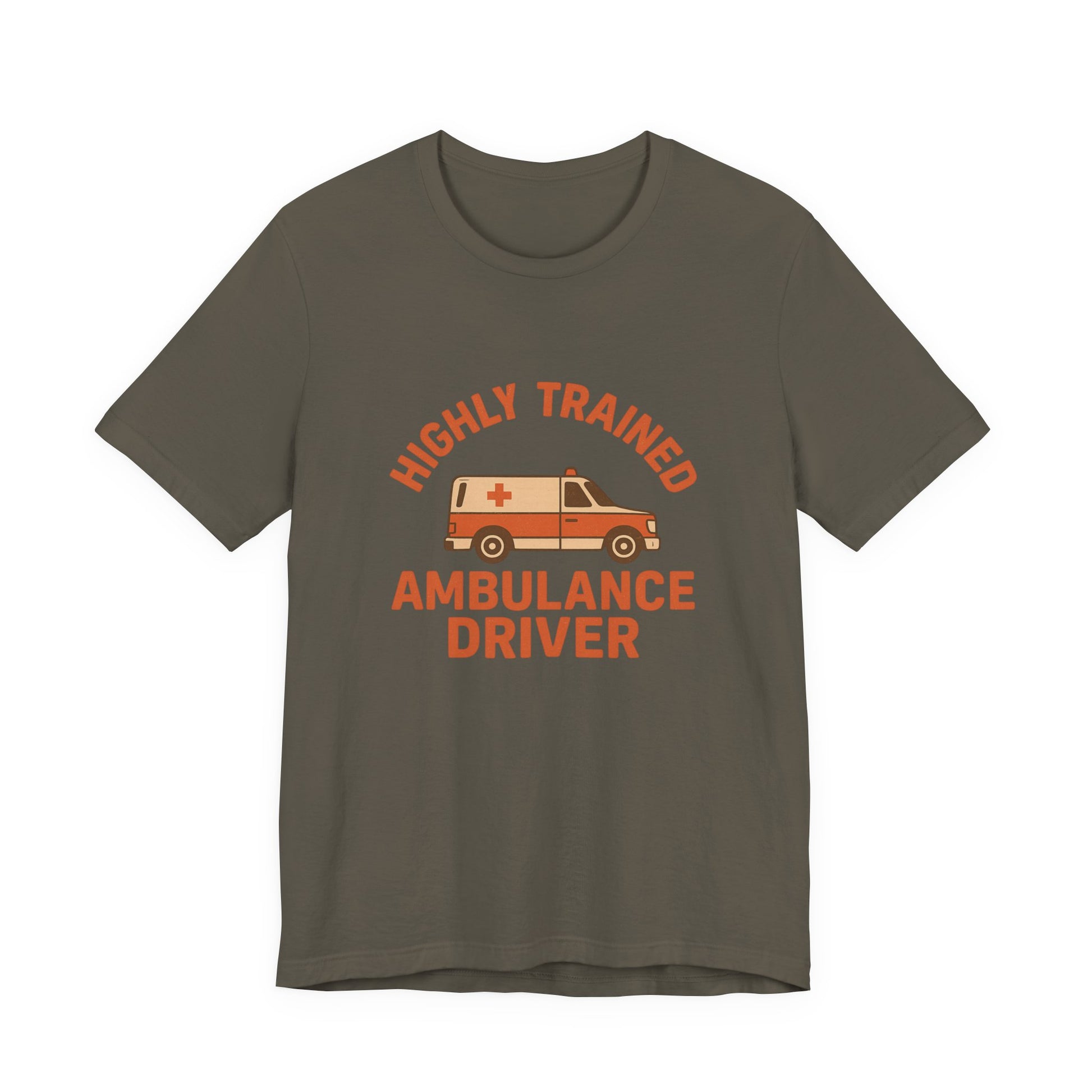 Green t-shirt with 'Highly Trained Ambulance Driver' text and ambulance graphic on a white background