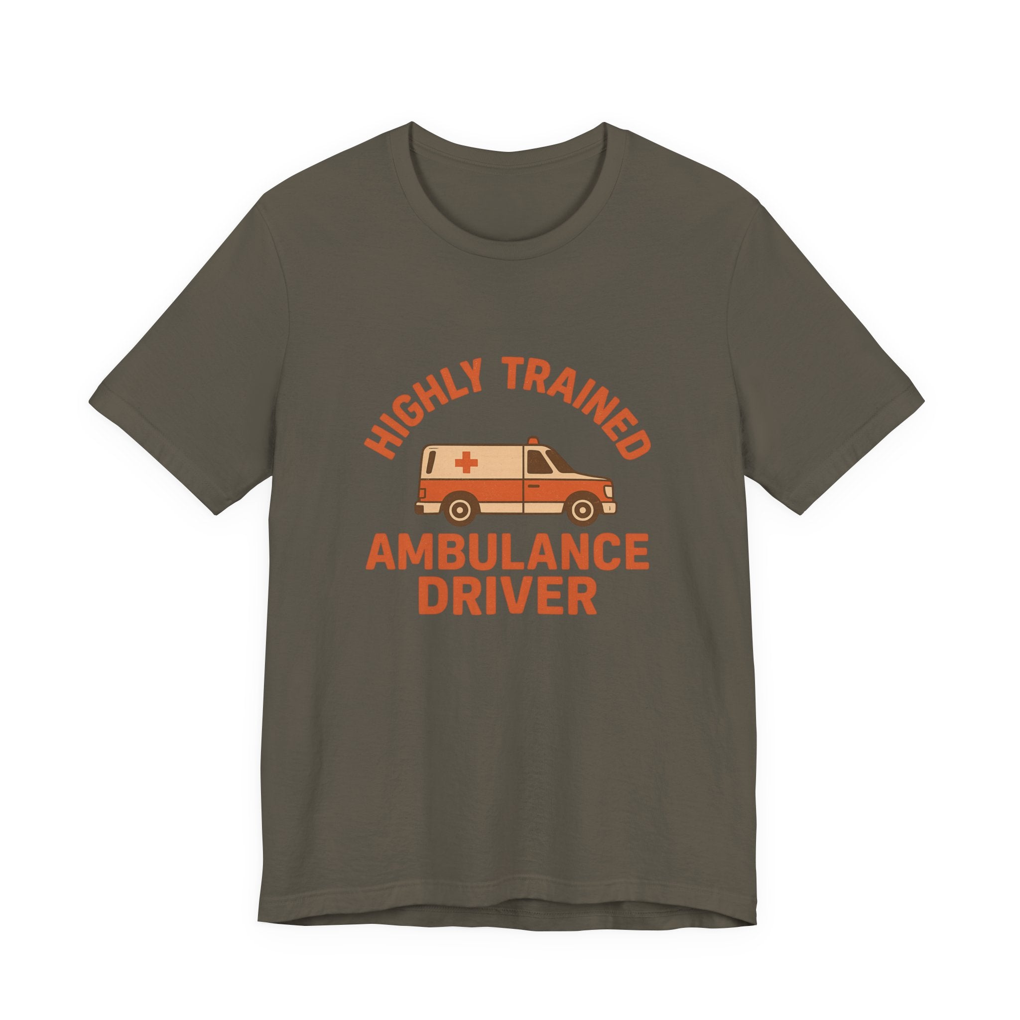 Green t-shirt with 'Highly Trained Ambulance Driver' text and ambulance graphic on a white background